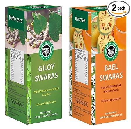 Heera Ayurvedic Research Foundation Cholestrol Controls Bael Juice (500 ml) + Energy Booster Sugar Free GILOY JUICE Extract (500 ml)- Pack of 2