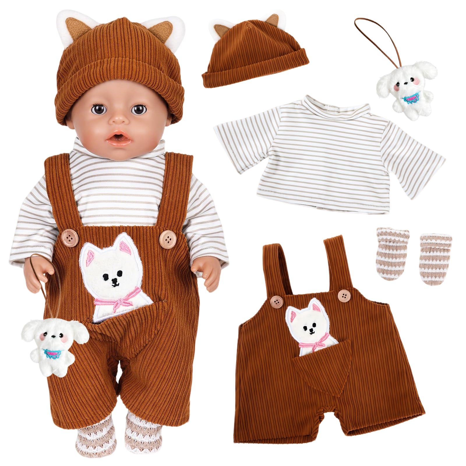 6 PCS Baby Doll Clothes for 35–43cm / 14-17 Inch Dolls, Doll Overall Outfit Set with Dog Embroidery, Striped Top, Socks, Hanger & Plush Pendant, Cute New Born Baby Doll Dress, Gift for Kids