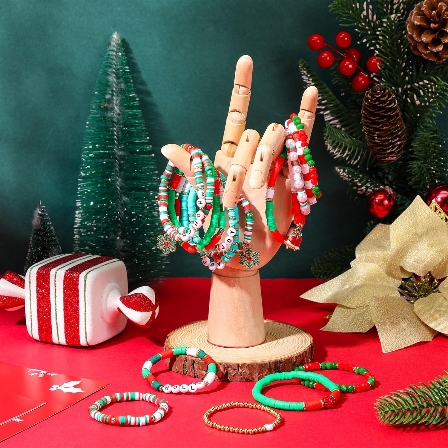 Sasylvia 32 Pcs Christmas Bracelets Set Stackable Joy Merry Christmas Charms Beaded Stretch Bracelets Clay Friendship Charms Jewelry for Women Men Holidays Friendship Gift Supplies Stocking Stuffers - Image 4