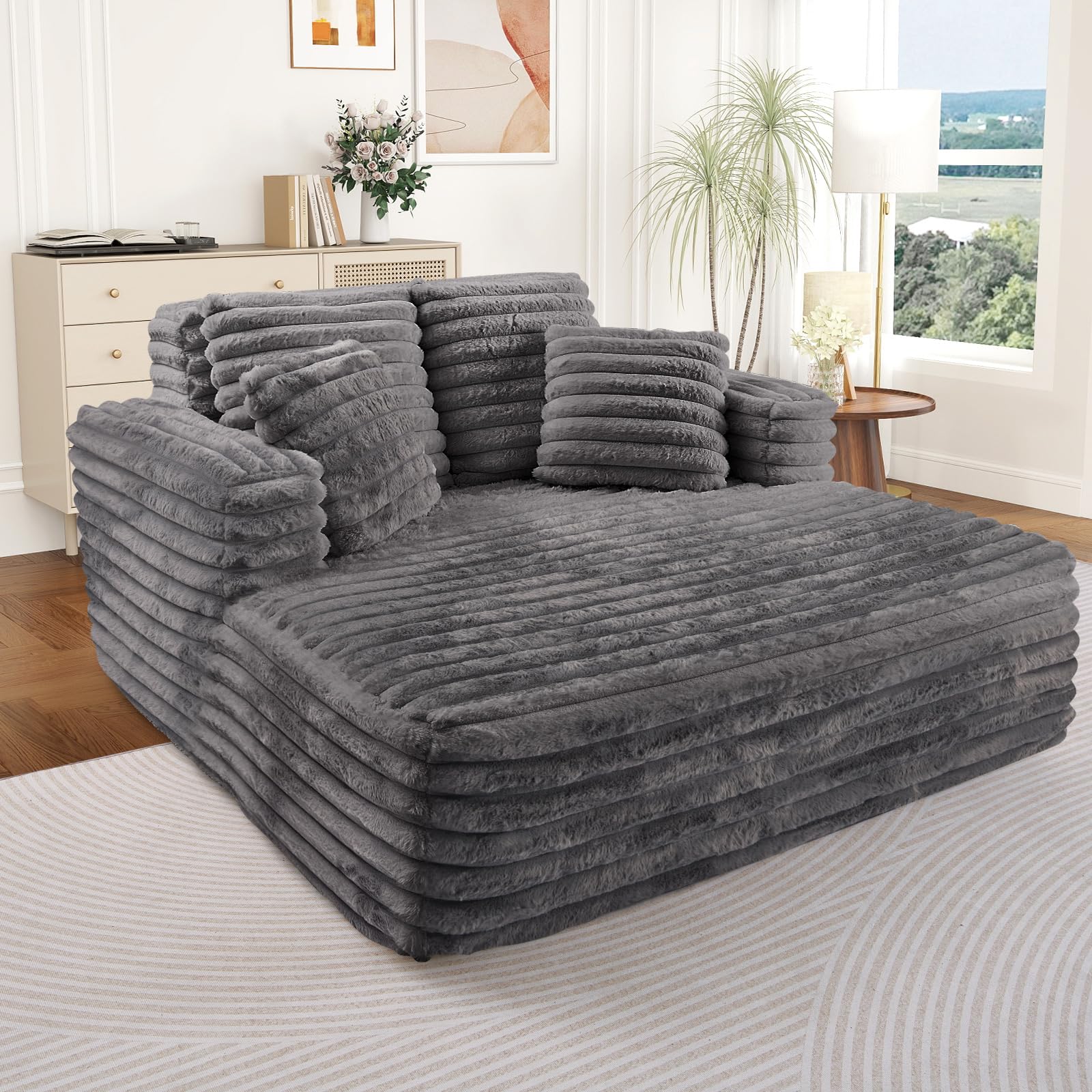 Oversized Chaise Lounge Indoor, Modern Plush Faux Fur Fabric Deep Seat Boneless Memory Foam Sleeper Chaise Lounge Sofa Chair with Pillows for Living
