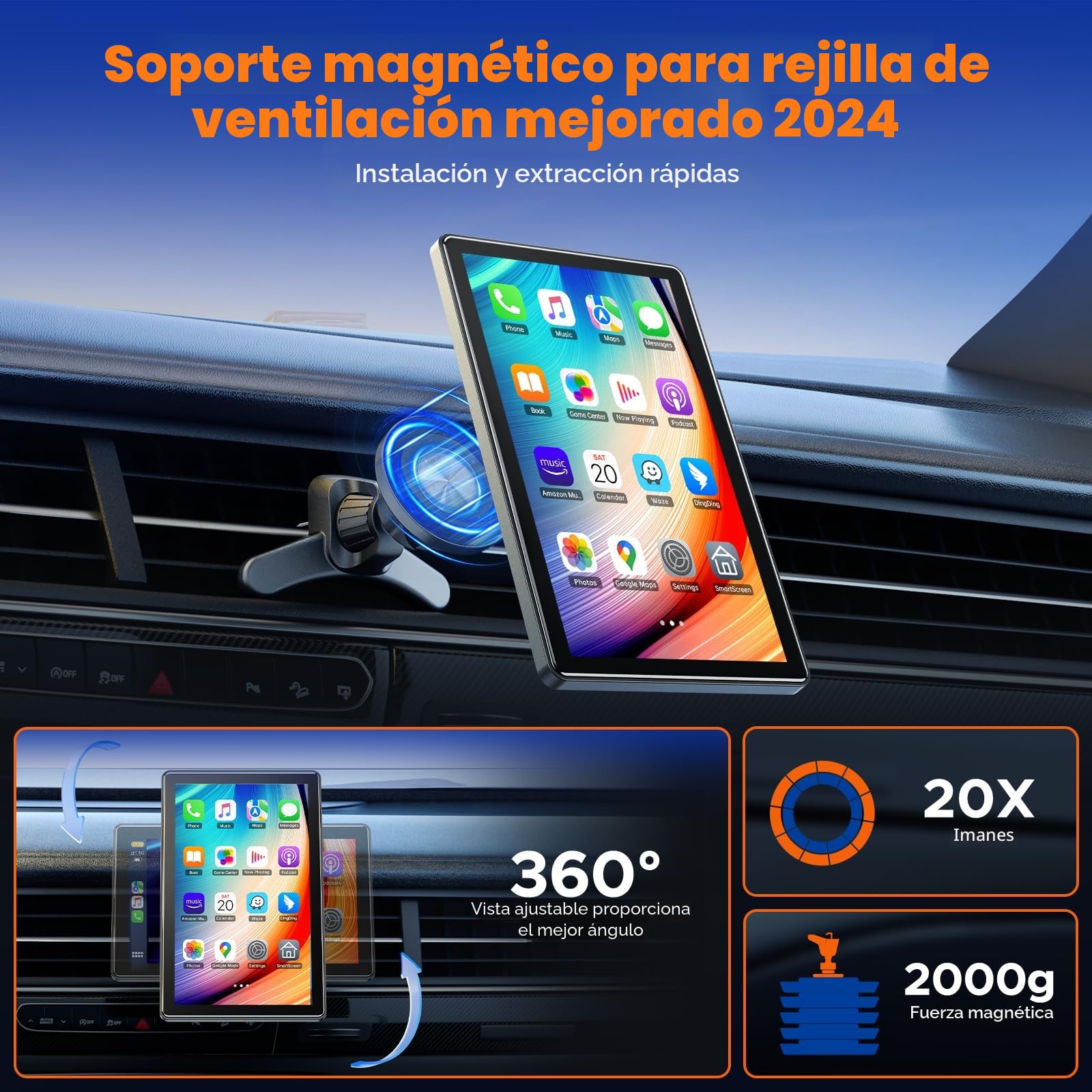 Volam 7 Pulgadas Pantalla Carplay Coche para Apple Carplay Android Auto, Car Play Portátil con Soporte Magnético,Car Play Pantalla Horizontal y Vertical,GPS-Navegación en Directo,Siri Control por Voz