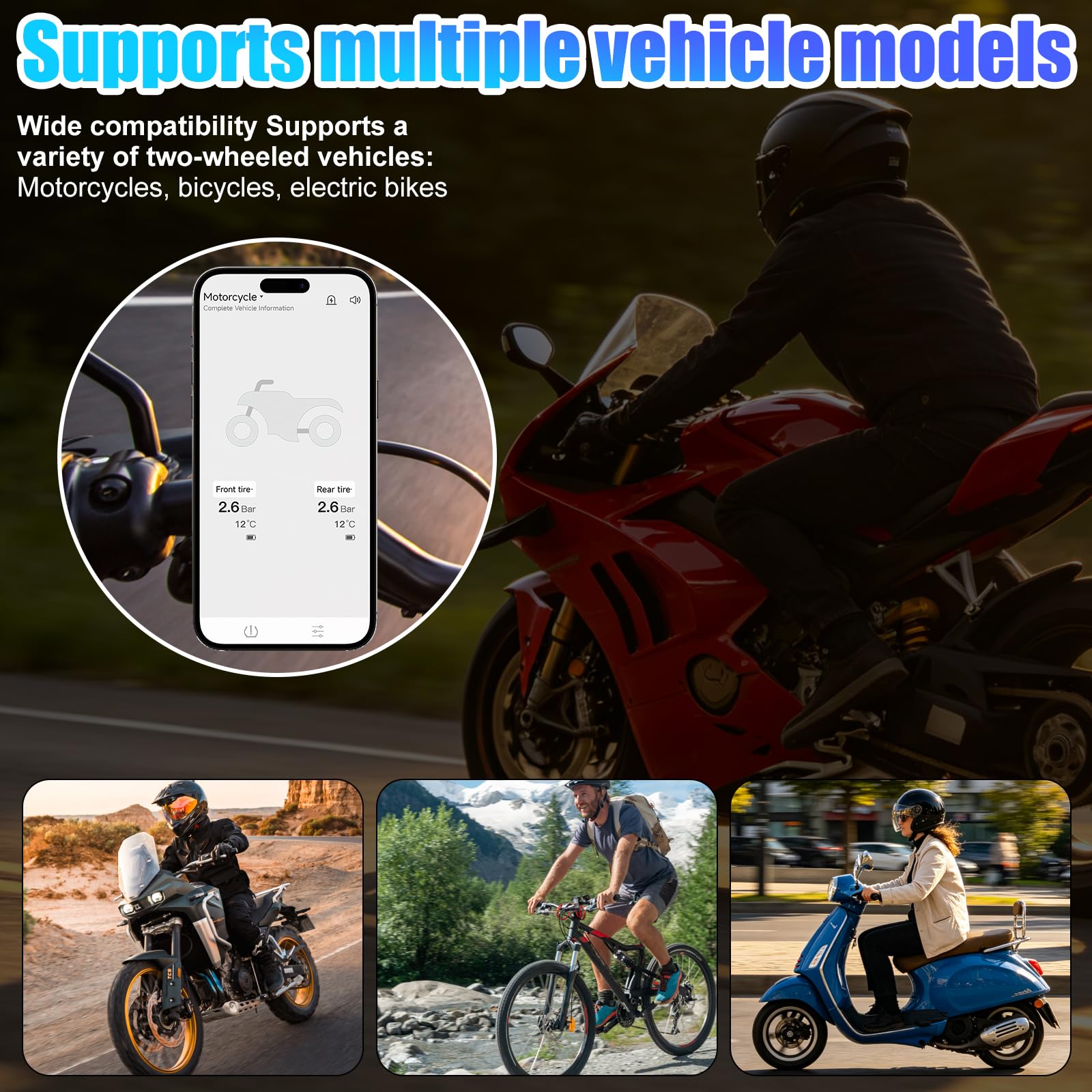 Sistema di controllo della pressione degli pneumatici TPMS con app, Bluetooth intelligente, rilevatore di pressione degli pneumatici e rilevatore di temperatura, 2 sensori esterni, supporta iOS