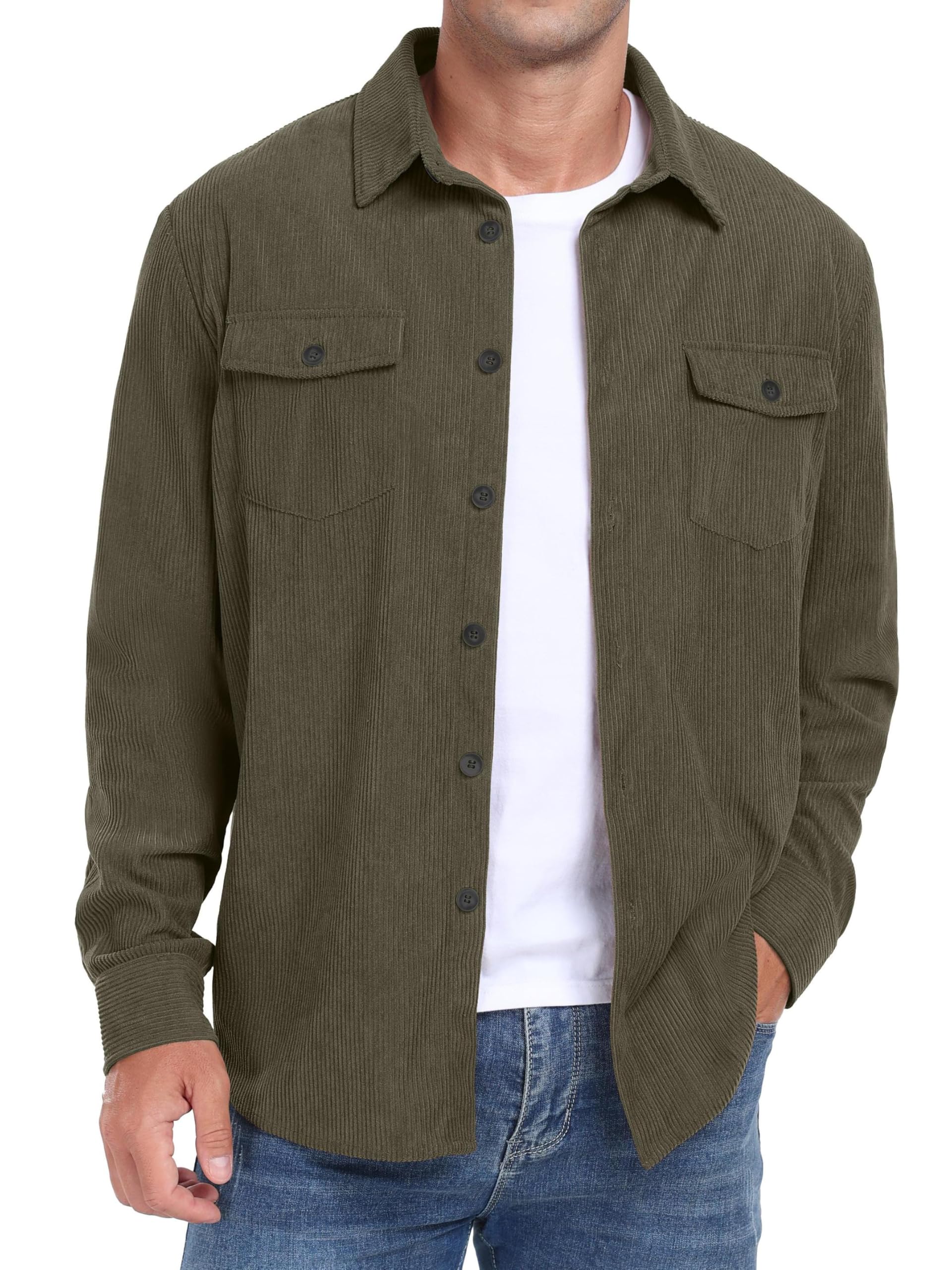 QIXING Herren Cordhemd Langarm Button Down Freizeithemd Regular Fit Jacke Herbst Winter Mantel mit Klappentaschen (Armeegrün, M)