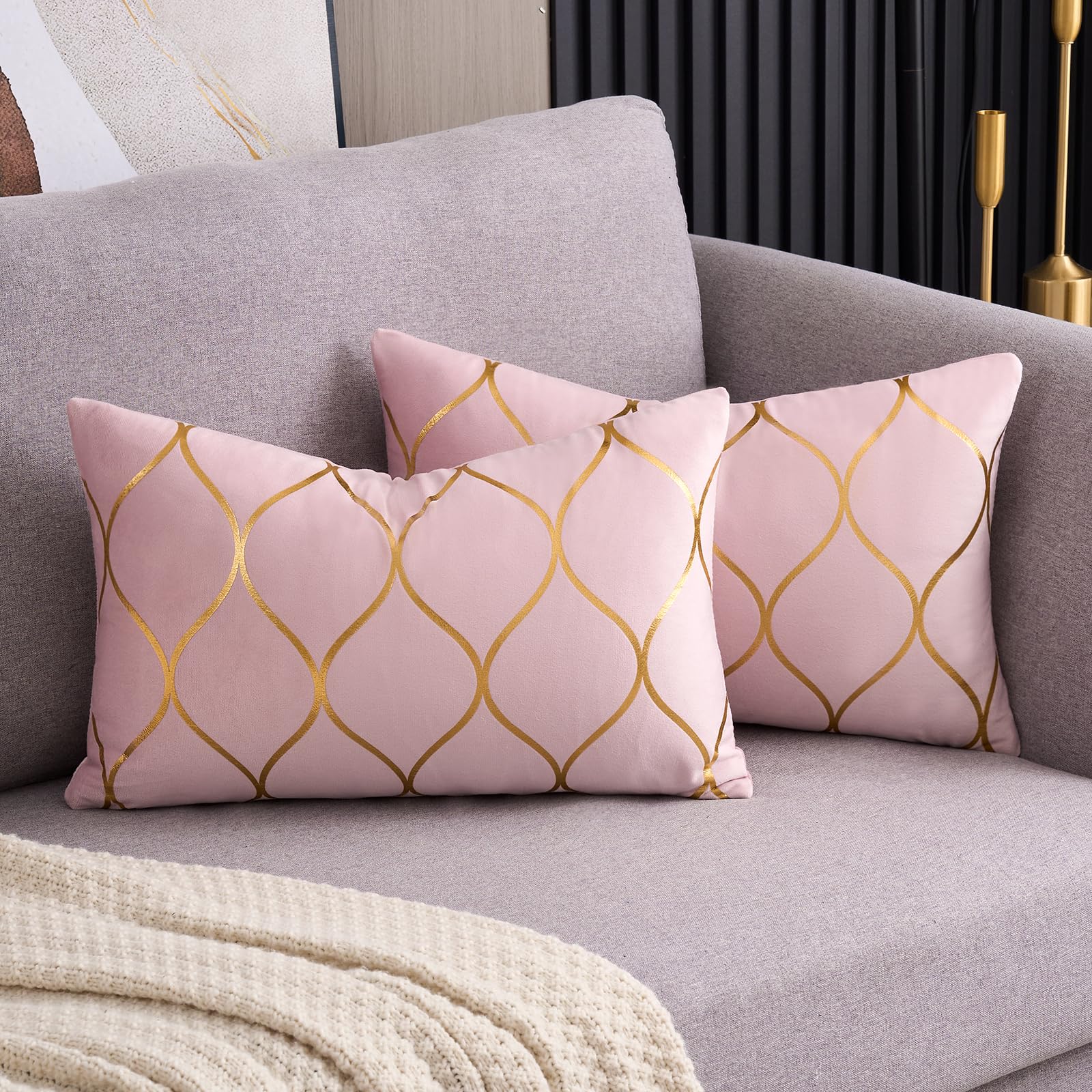 Arwllzz Set of 2 Velvet Cushion Covers 12x20 Luxury Golden Decorative Throw Pillow Case Soft Stripes Texture Modern Rectangle Pillowcases for Sofa Couch Livingroom Bedroom (30 x 50, Pink)