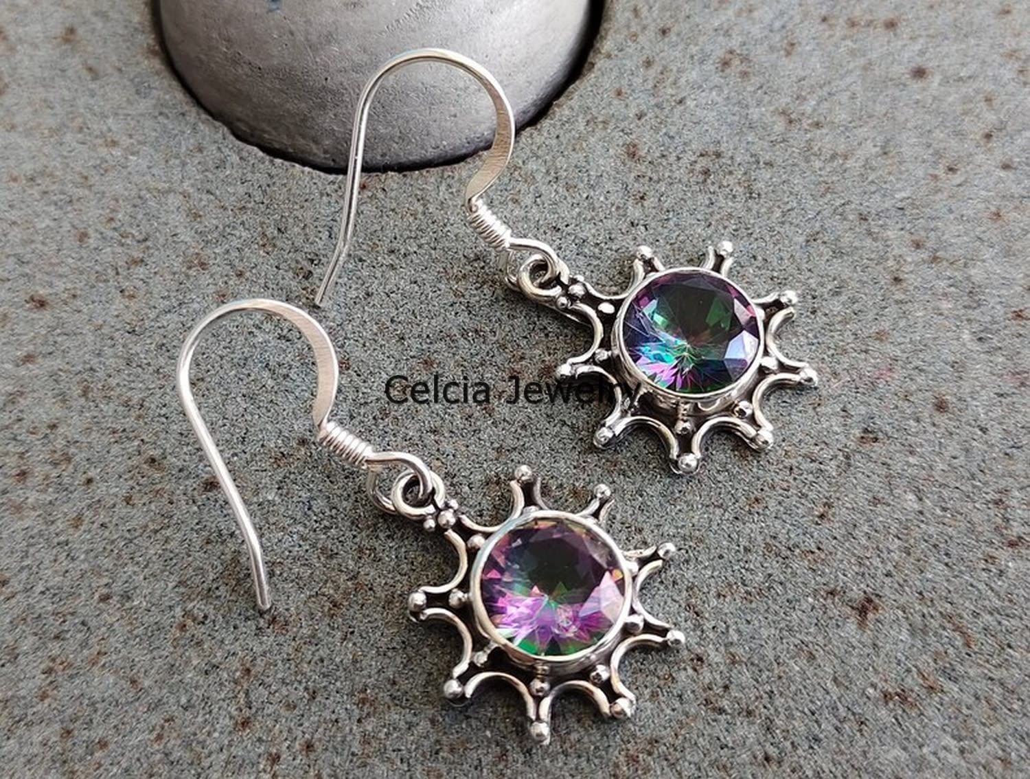 Pendientes colgantes de plata de ley 925 pura para mujer, pendientes hechos a mano increíbles con piedras preciosas redondas facetadas de topacio místico genuino para ella