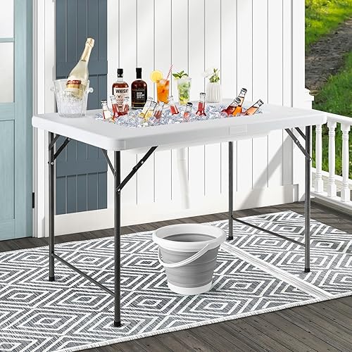 Vista 25 de Giantex, mesa de plástico plegable para hielo, de fiesta, 4 pies, con faldón blanco
