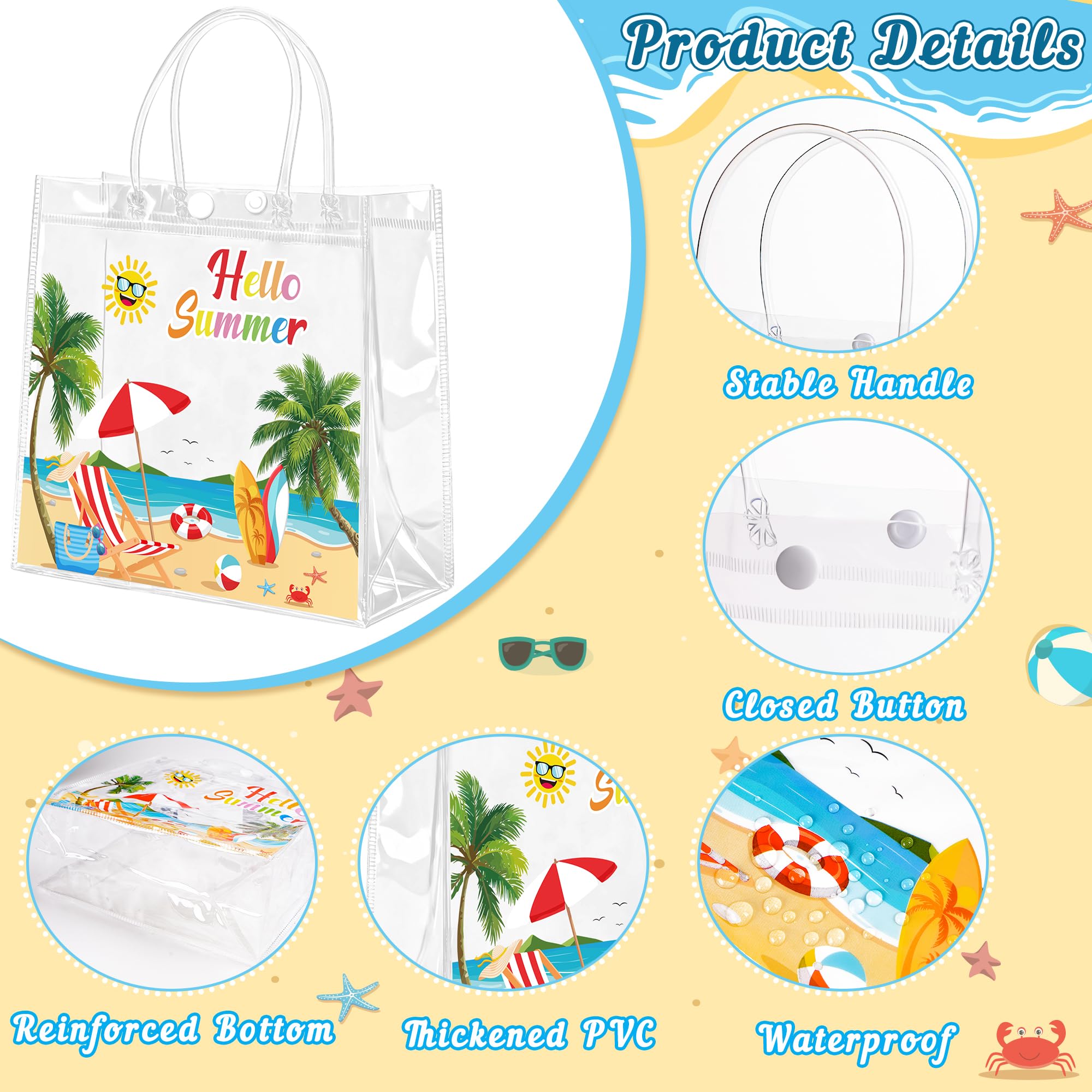 Renbuzhu 25PCS Summer Gift Bags Bulk 8 x 8 x 3Inches: Clear PVC Transparent Bag Waterproof Tote with Handles Beach Pool Birthday Tropical Party Supplies