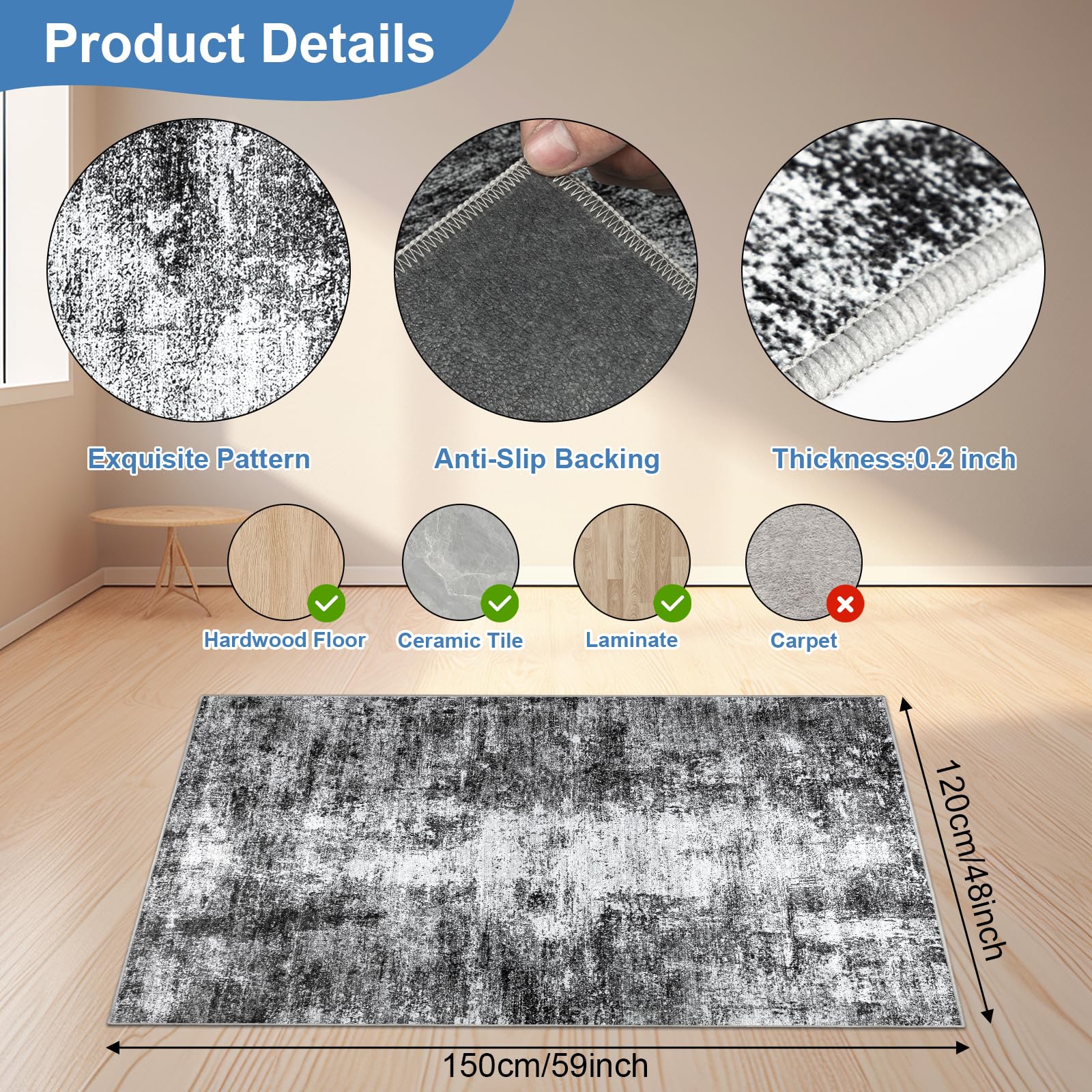 Capslpad Office Chair Mats for Hardwood Floor 120x150cm Non-Slip Modern Abstract Home Multi Purpose Chair Mat Low Pile Floor Protectors Computer Chair Carpet Mat for Tile Laminate Rolling Chair Black - Image 2