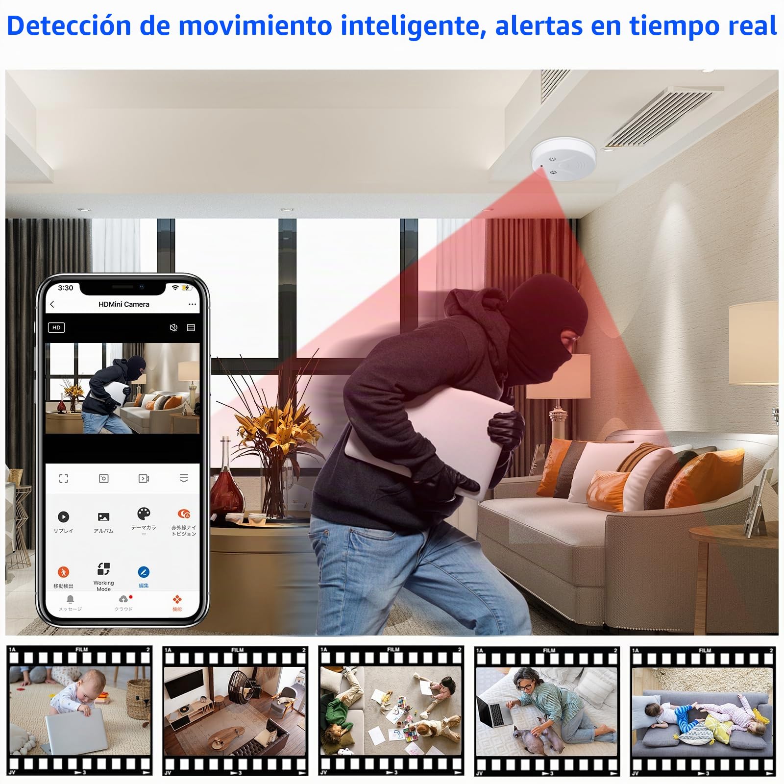 Cámara Espía, MiniCámara Oculta Detector de Humo WiFi 2.4/5GHz | 120°＆1080p Vigilancia Inalámbrica, Visión Nocturna IR, Detección Movimiento , Grabación en Bucle,Para Interio,App Android/iOS
