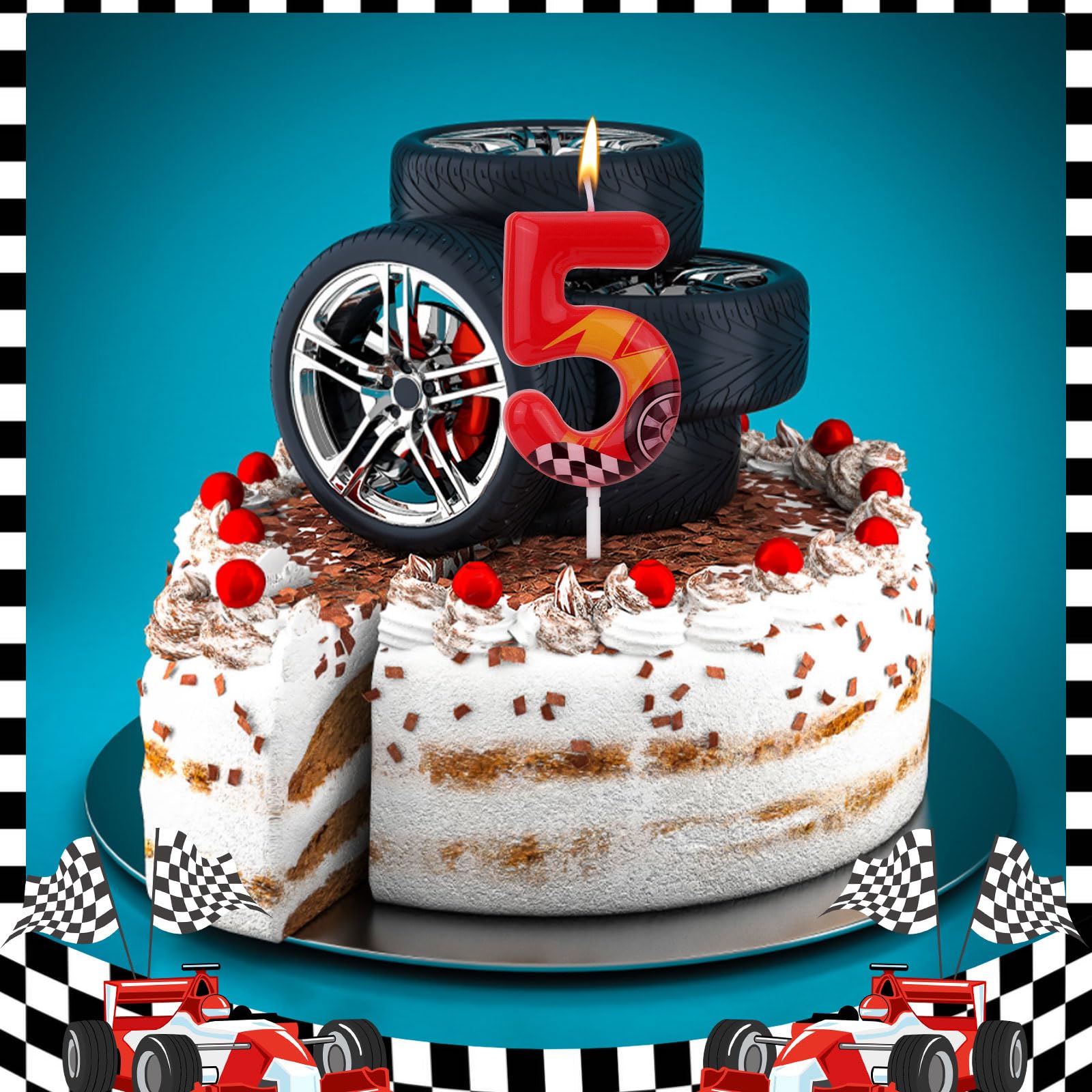 Candele Di Compleanno Con Numero 5 E Auto Da Corsa - Tema Traffico, Nere, Per Ragazza E Ragazzo, Decorazione Torta - 4