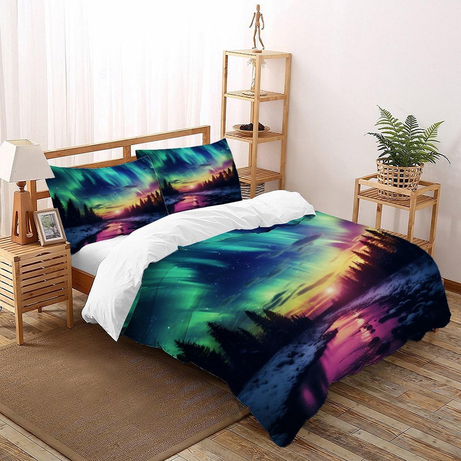 Parure de lit microfibres 260x220 cm avec housse de couette imprimé Nuit Polaire et 2 taies d'oreiller