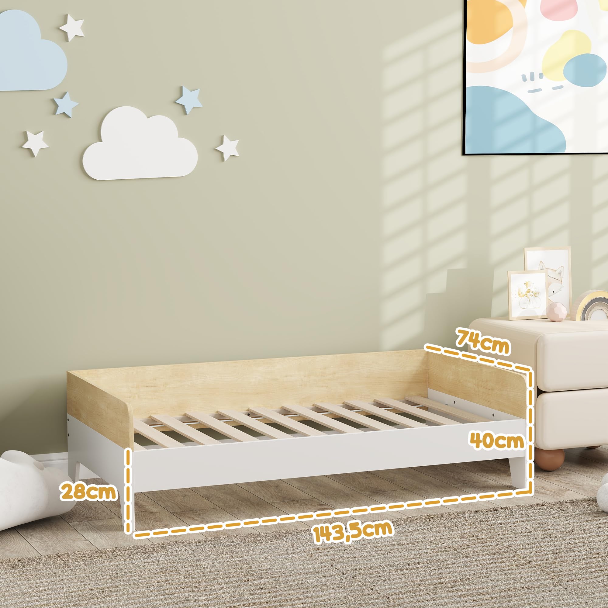 AIYAPLAY Lit Enfant Sommier à Lattes Conception Basse 143,5 x 74 cm Blanc | Panneaux Latéraux Élevés, Meubles de Chambre d'Enfant, Bois
