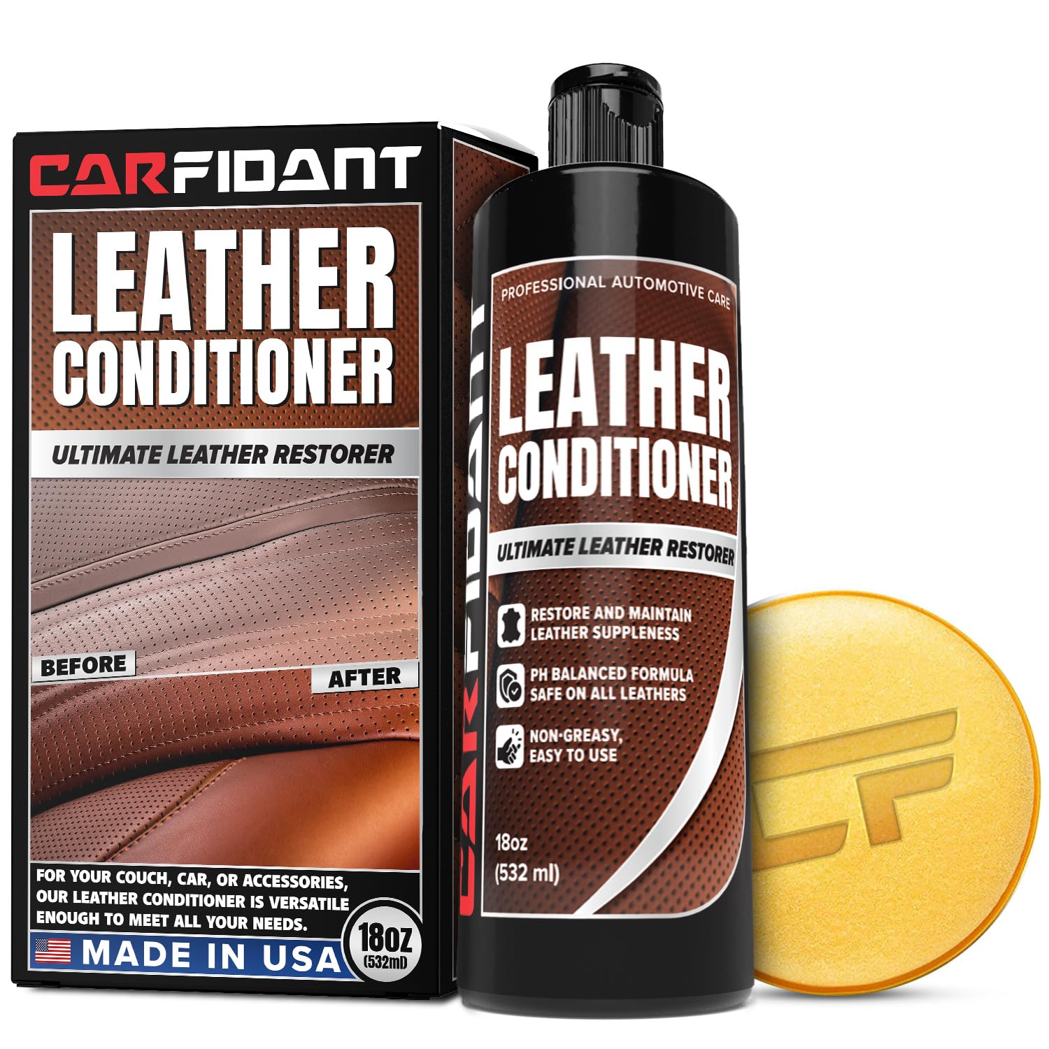 Carfidant Ultimate Leather Conditioner & Restorer - Full Leather Restoration & Conditioning Kit with Applicator Pad for Leather Automotive Interiors, Car Dashboards, Sofas & Purses!- 18oz Kit