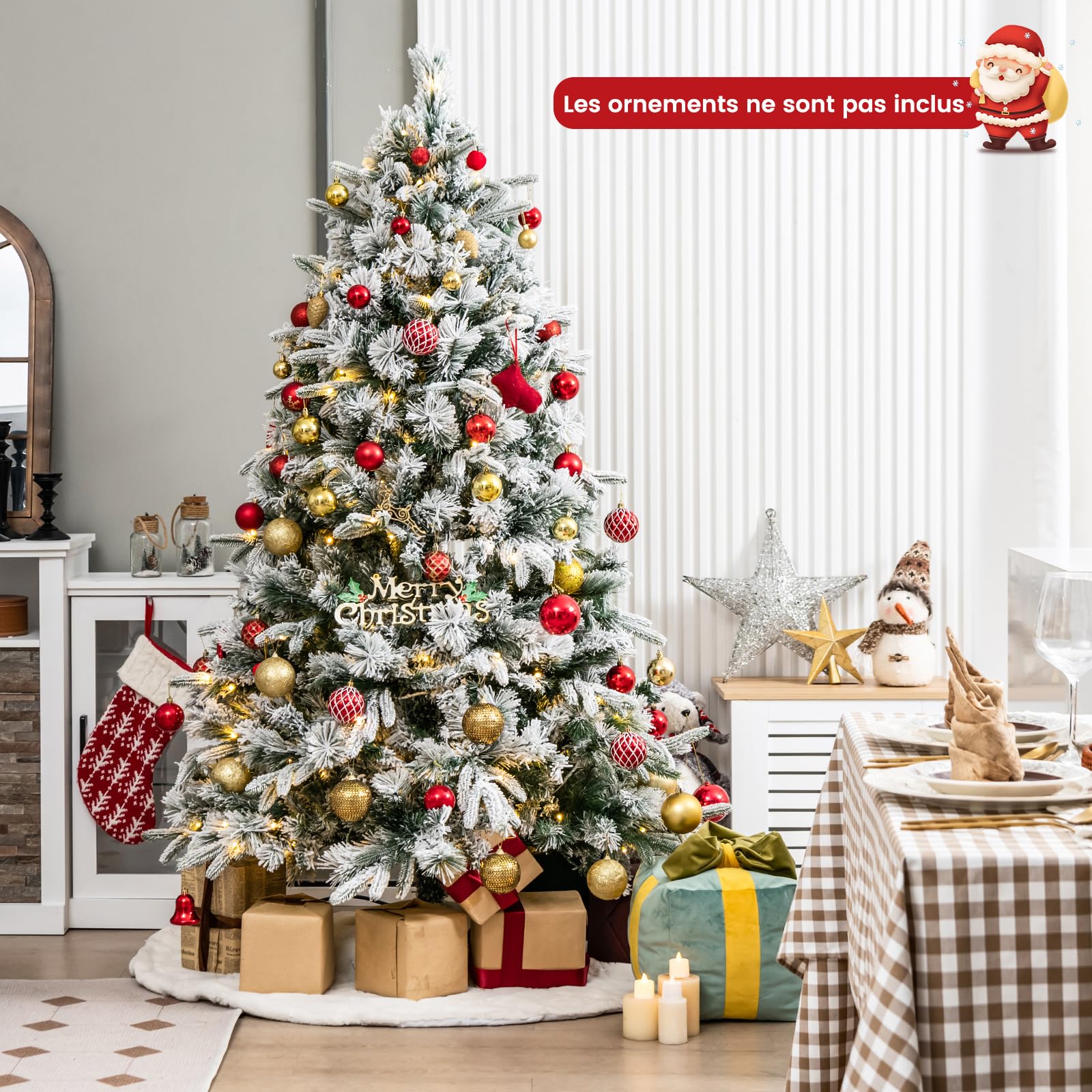 COSTWAY Sapin de Noël Artificiel de 180 cm Lumineux LED, Floqué avec 250 Lumières LED Blanches Chaudes & 752 Branches Mixtes, pour la Maison, Le Bureau & Le Carnaval, Facile à Monter