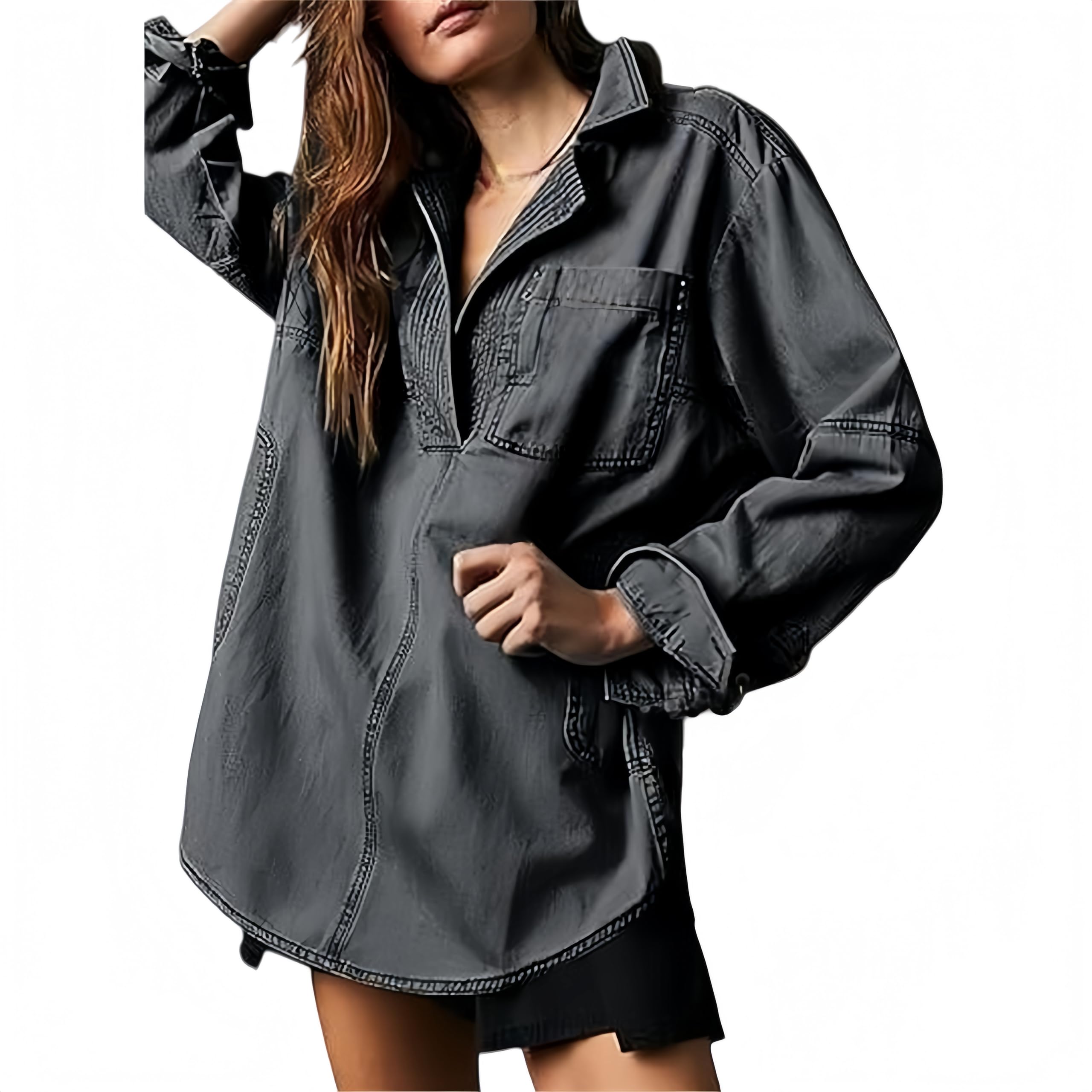 Camisa Vaquera Mujer Oversize Cuello V Manga Larga Blusa Denim Holgada con Bolsillos Casual