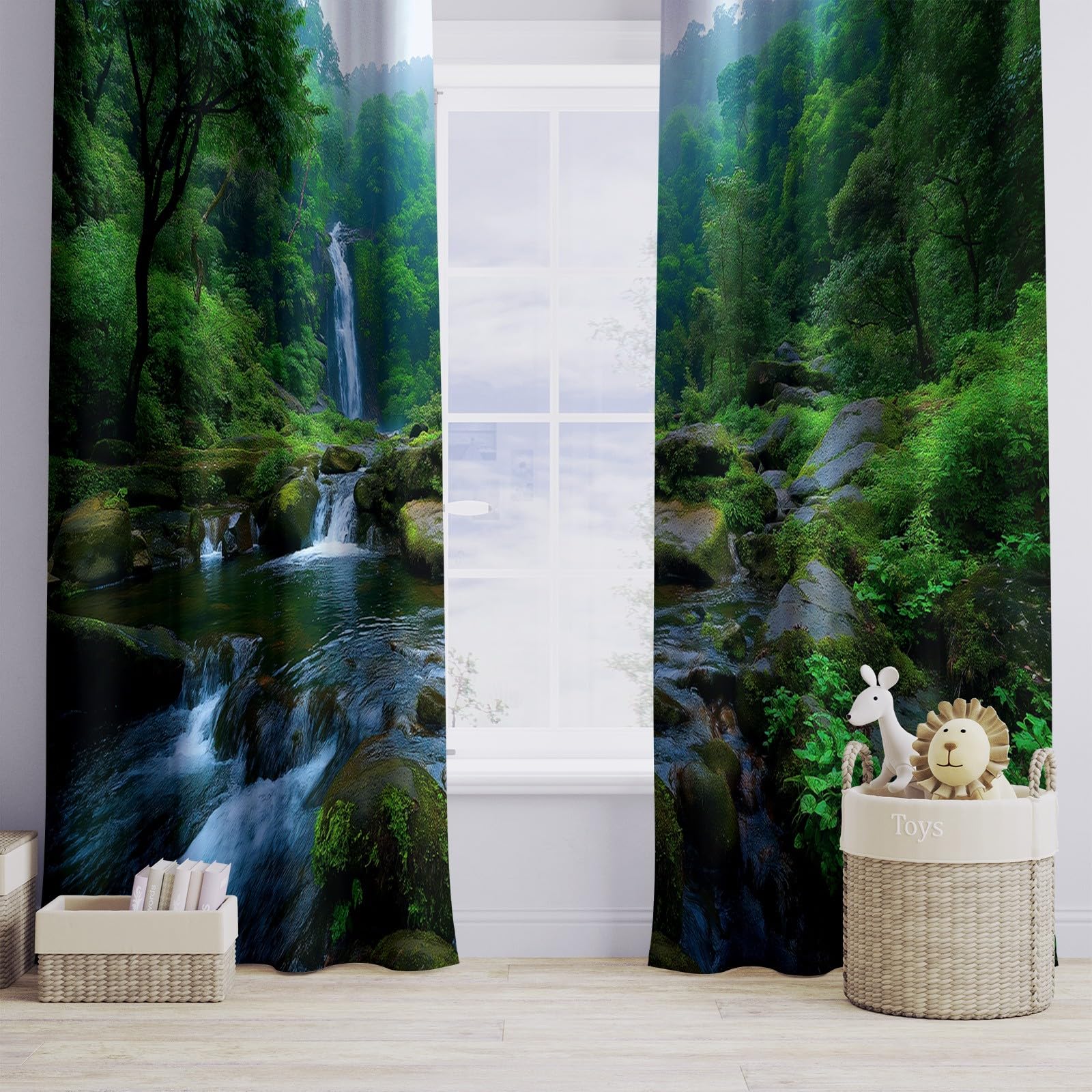 Verdunklungsvorhänge Wald Dschungel Kinderzimmer Vorhänge Blickdicht, Dunkelgrün Thermovorhang mit Ösen, für Schlafzimmer Fenster & Balkon Abenteuer Fotografie - 110 x 215 cm (2er Set)