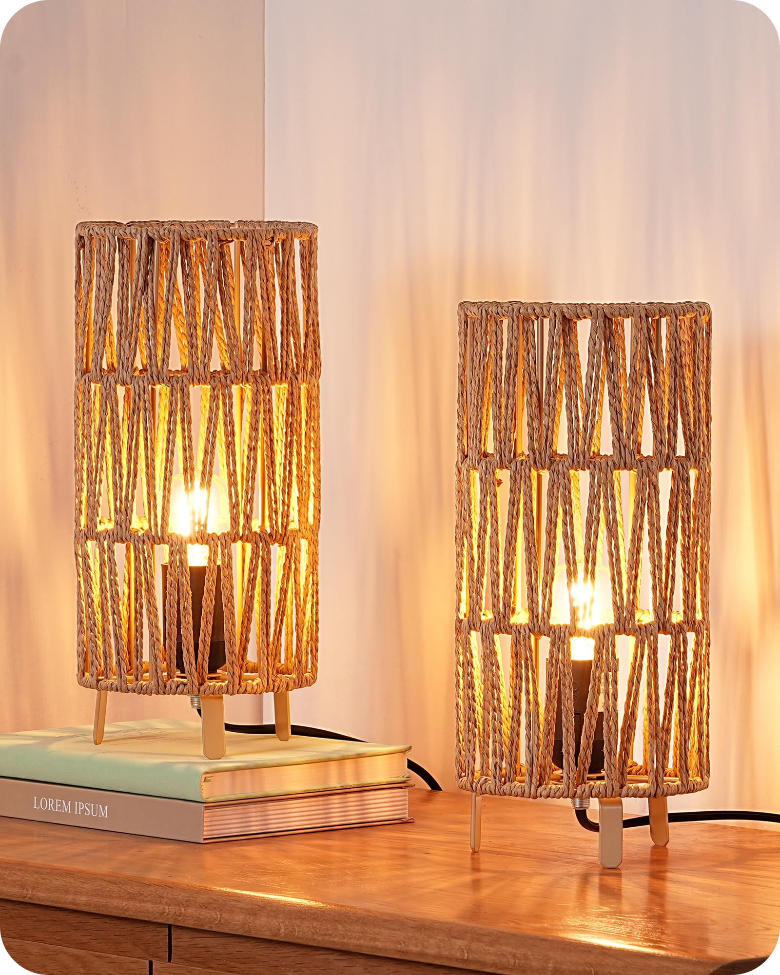 EDISHINE Boho Bedside Lamps Set of 2, Rattan Table Lamp for Living Room, Bedroom, LED Bulb Included, E27 Base, Hollow Lampshade
