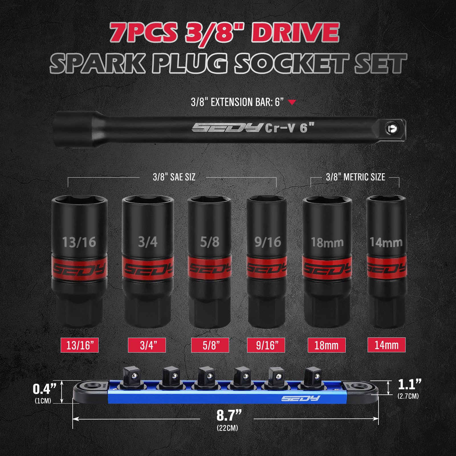 3/8''-Drive Spark Plug Socket Set: 7-Piece SAE & Metric Impact Spark Plug Socket Set with Magnetic Rail, 9/16-inch, 5/8-inch, 3/4-inch, 13/16-inch, 14mm, 18mm, Extension Bars