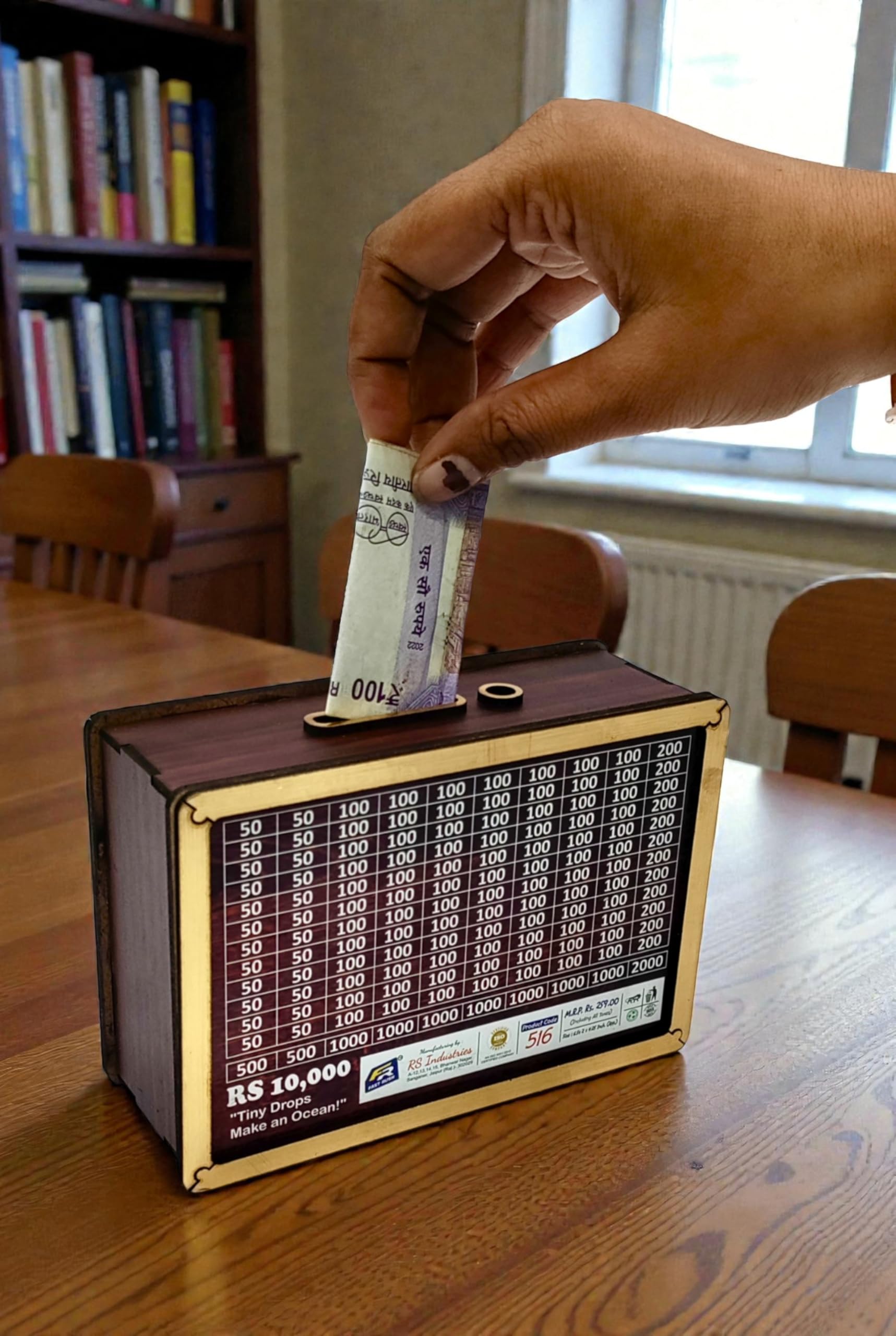 FASTRUSH Wooden Money Bank with Golden Border | ₹10,000 Saving Challenge Box | Premium MDF Piggy Bank | Stylish Wooden Coin Box for Kids & Adults