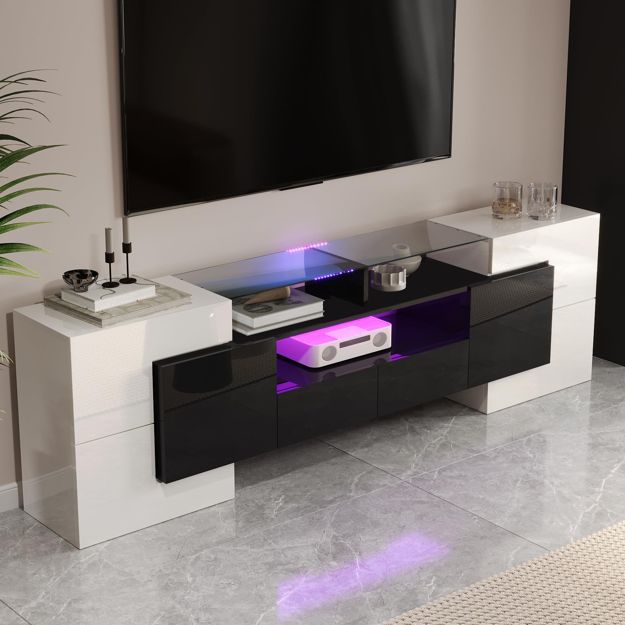 Lowboard per TV moderna, larghezza 200 cm, bianco lucido e grigio, con illuminazione LED RGB, 6 ante e 2 cassetti, armadietto multimediale (bianco+nero + MDF)