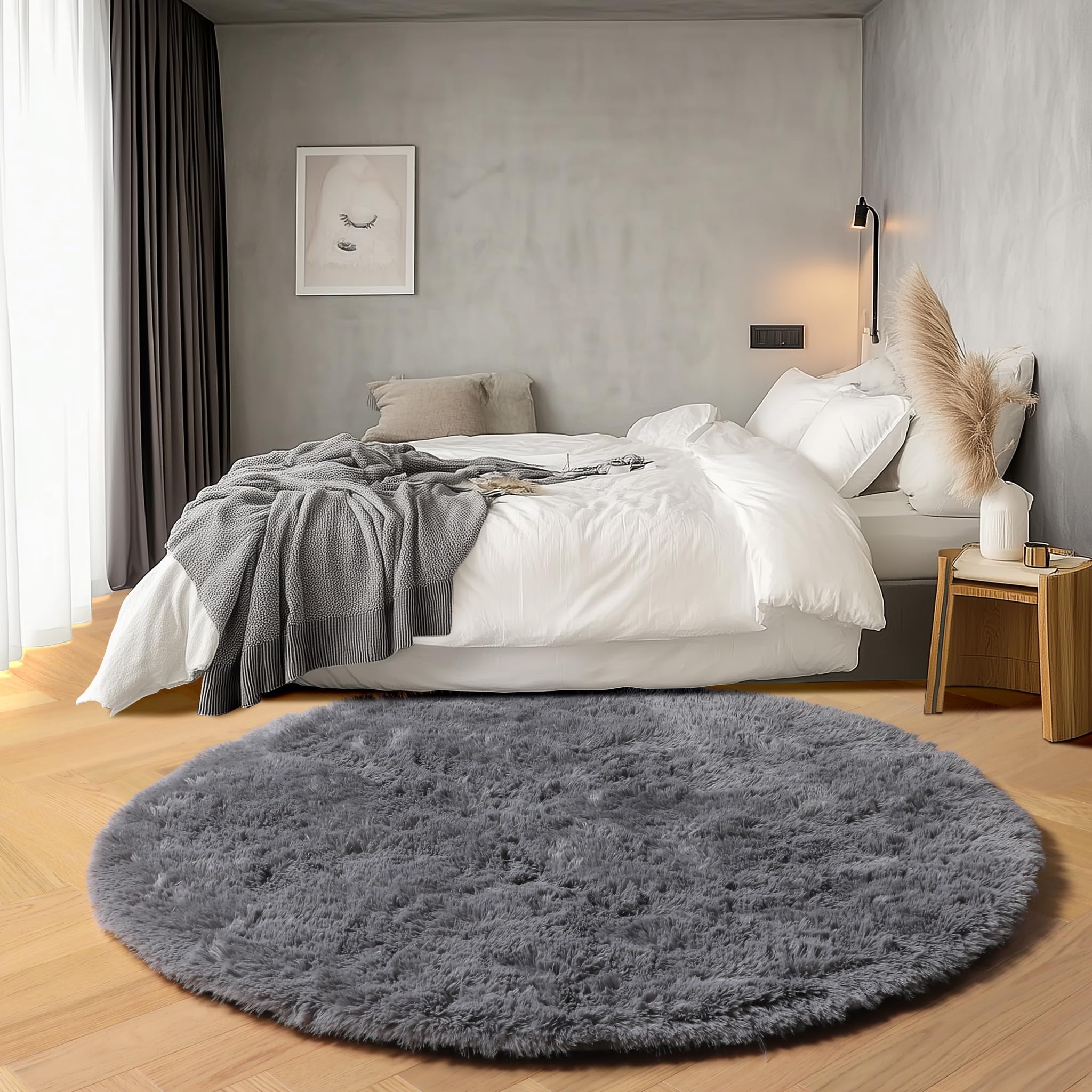 ONASAR Grey Round Area Rugs 6ft, Fluffy Gray Soft Bedroom Circle Rug for Kids Girls Boys Teen Room, Fuzzy Plush Shaggy Floor Carpet Mats for Dorm