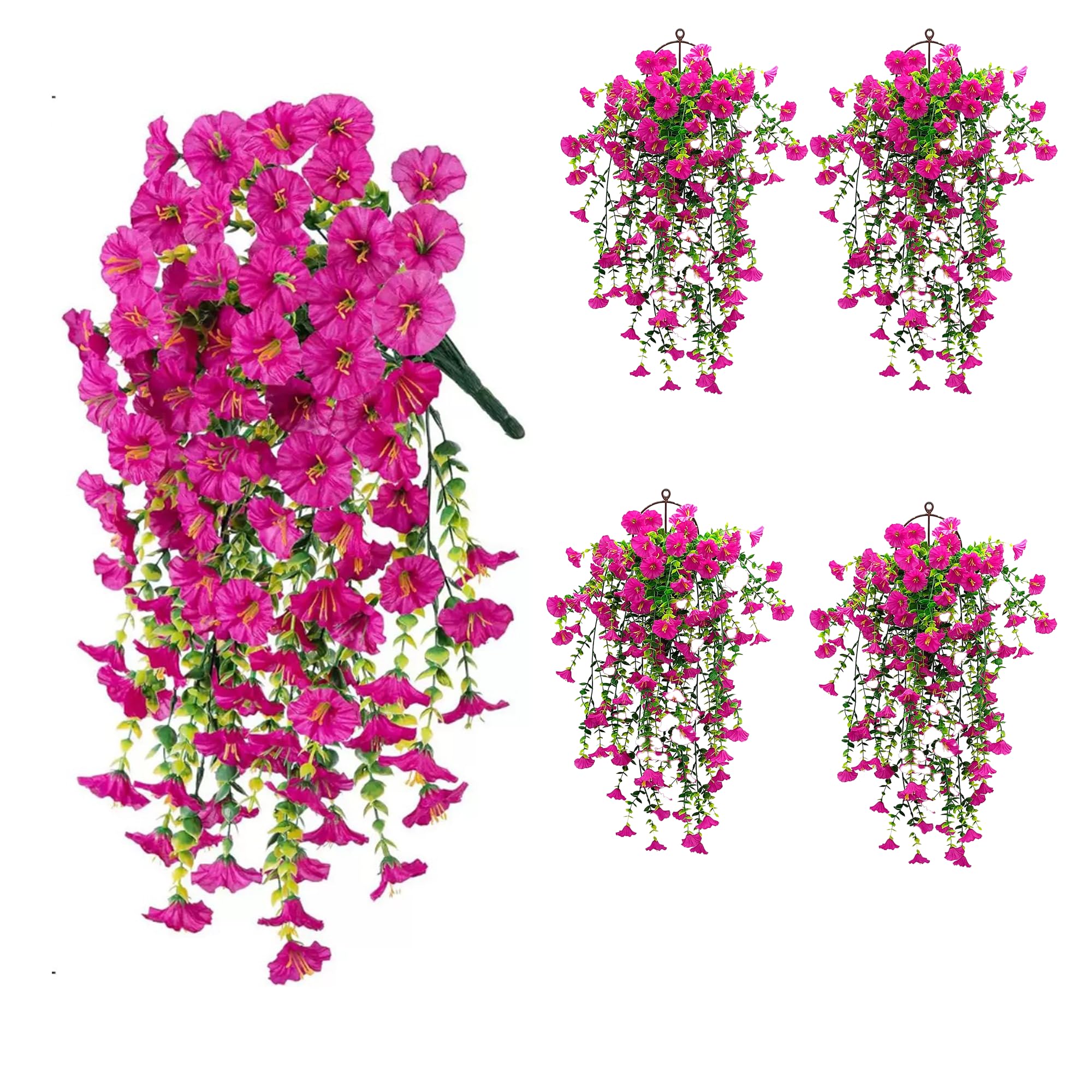 Minwegi Rose Red Artificial Hanging Plants, Lifelike Morning Glory Flowers With Realistic Leaves, Outdoor Indoor Fade Resistant Hanging Vines For Wedding Home Garden Wall Decor, 4 Pack