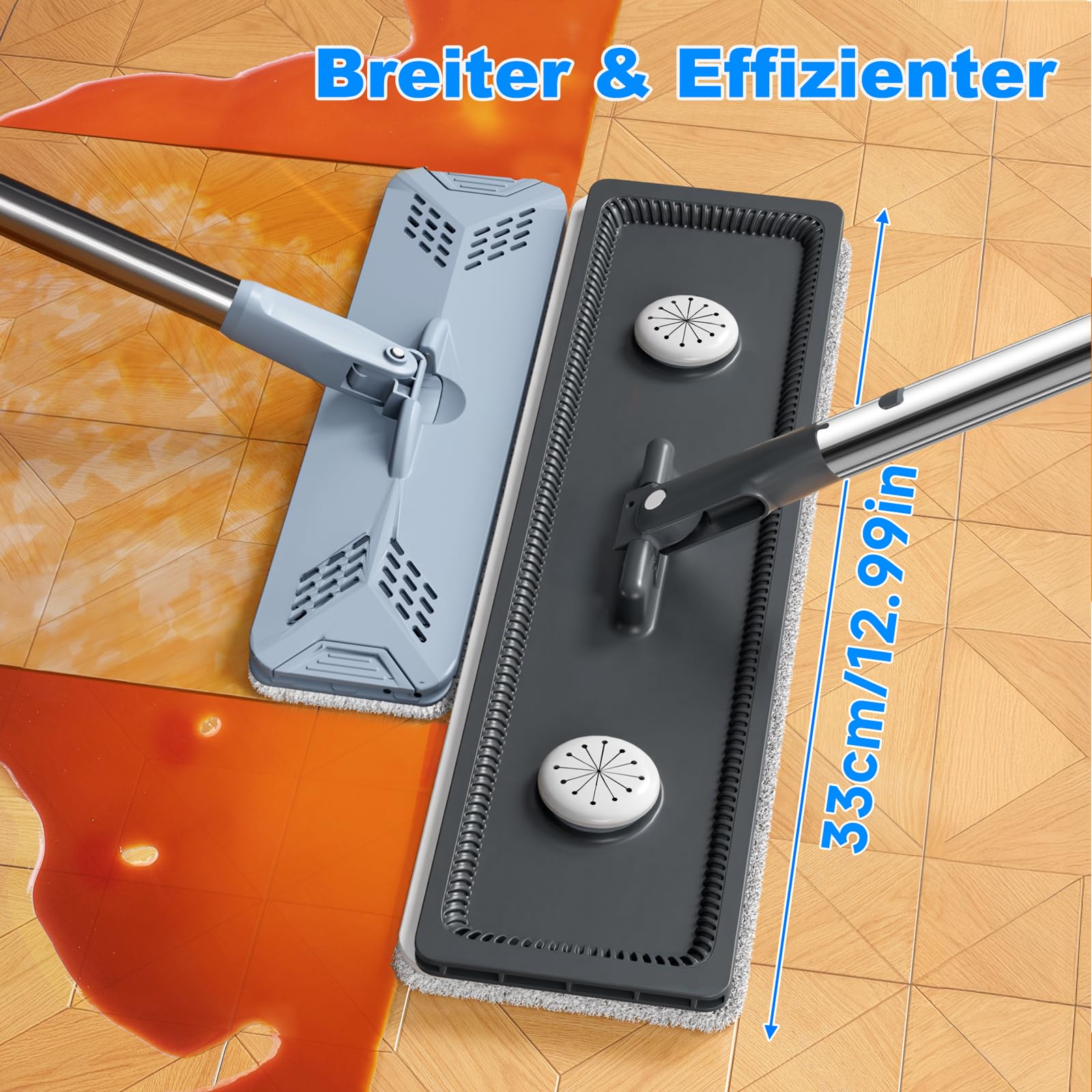 CTIME Bodenwischer Set, Wischmopp Set mit Eimer mit 4 Waschbaren Mikrofaser-Pads, Hand-Frei Wischmop Wischmop, Putzeimer mit Auswringfunktion für Hartholz Laminat Fliesen (33cm)
