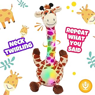 Hopearl Glowing Dancing Giraffe Toy Repeats What You Say Talking Toy Wriggle Singing Mimicking Twisting Electric Light Up Interactive Animated Toy Speaking Gift for Kids, Brown, 13''
