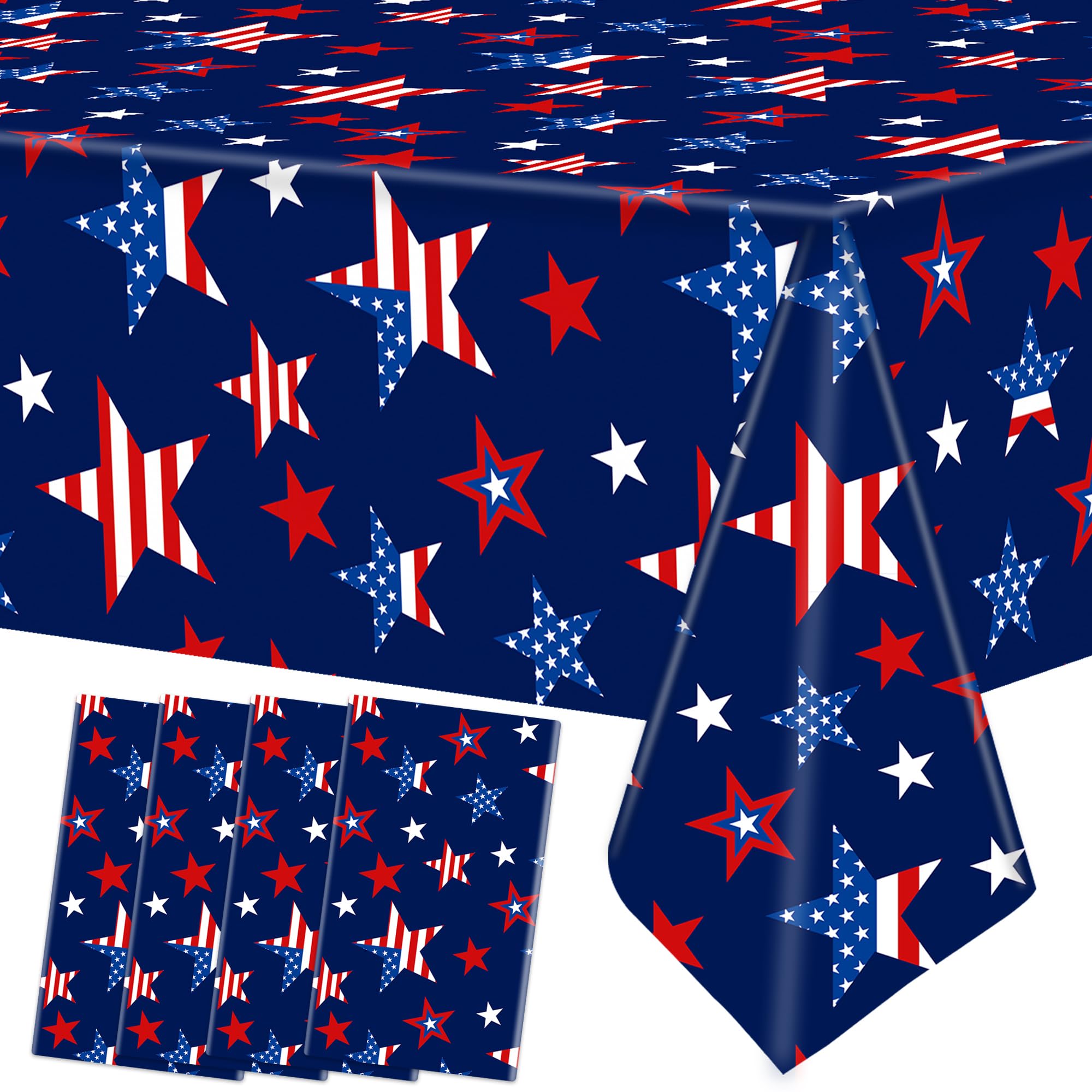 peony man 4 Pcs Patriotic Plastic Tablecloth Red White Blue Star Disposable Table Covers 54 x 108 Inch Rectangle Tablecloths for Patriotic 4th of July