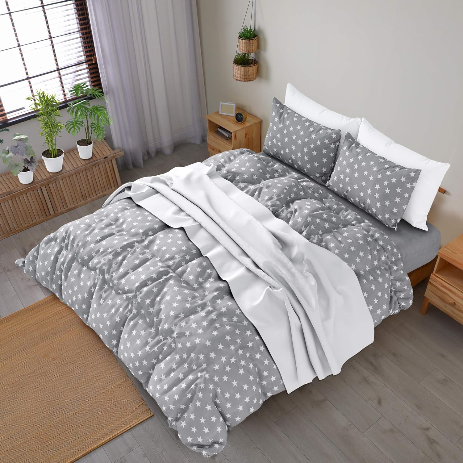 Blасk Frіdау - 80% оƒƒ Duvet Cover Queen 4 Pieces Set Grey & White Stars Egyptian Cotton Deep Pocket Queen Sheets Light Grey Bedding Sets Queen Duvet Covers Sheets Queen Size