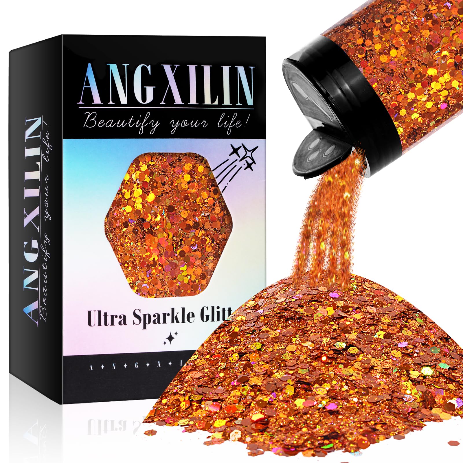 ANGXILIN Holographic Chunky and Fine Mixed Craft Glitter, 190g/6.7oz Bulk Laser Sequin for Face Body Nail Art, Epoxy Resin Tumbler Jewelry Making (