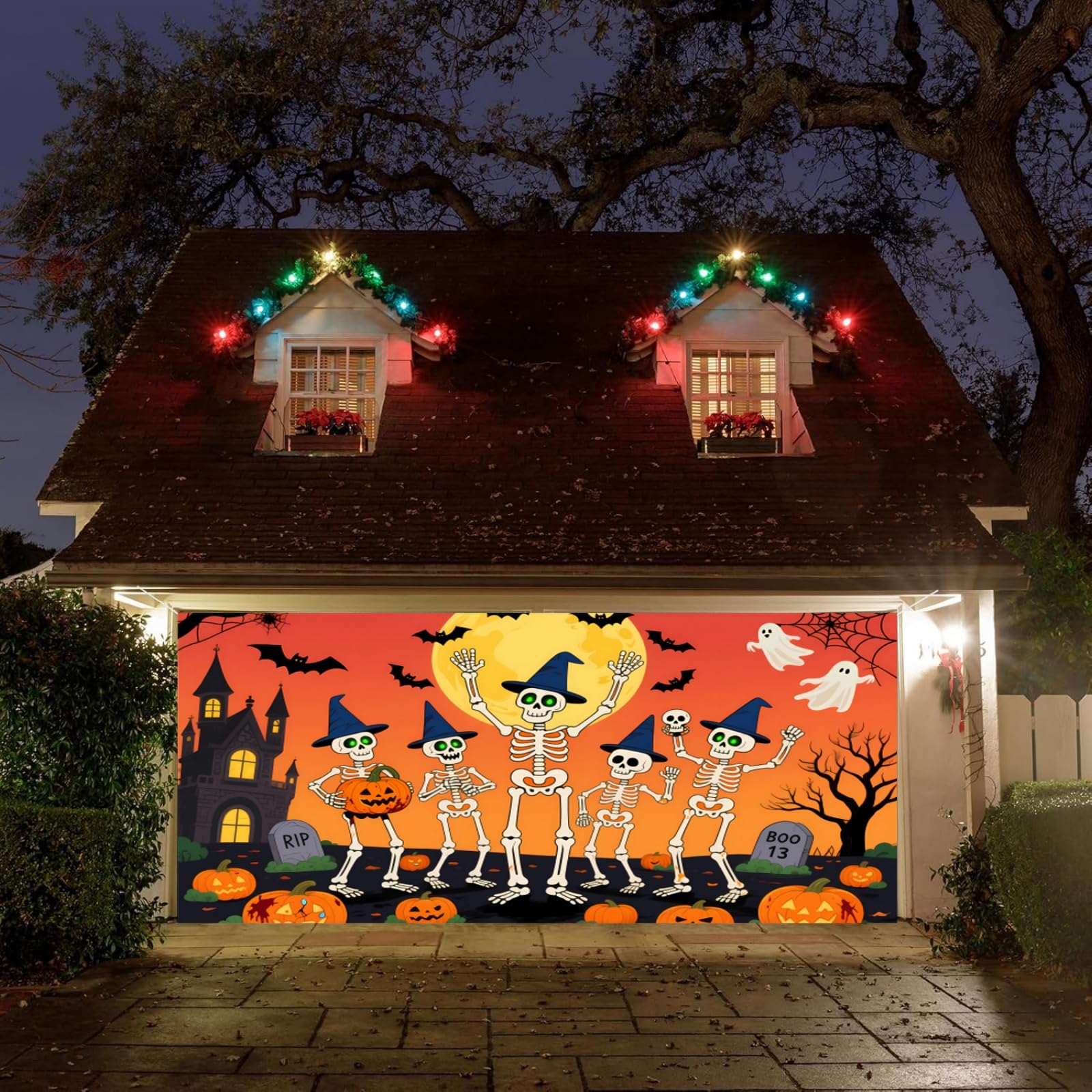 Decorazioni di Halloween per la Porta del Garage, Grande Striscione Happy Halloween da Appendere, Decorazioni per Esterni, Sfondo per Feste in Famiglia, Raduno di scheletri, 7x16