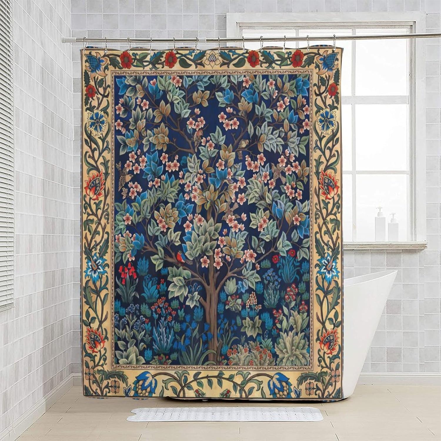 Boho Shower Curtains William Morris Art Retro Design Flower Trees Pattern Printed Shower Curtains 66""×72"" Inch, Style
