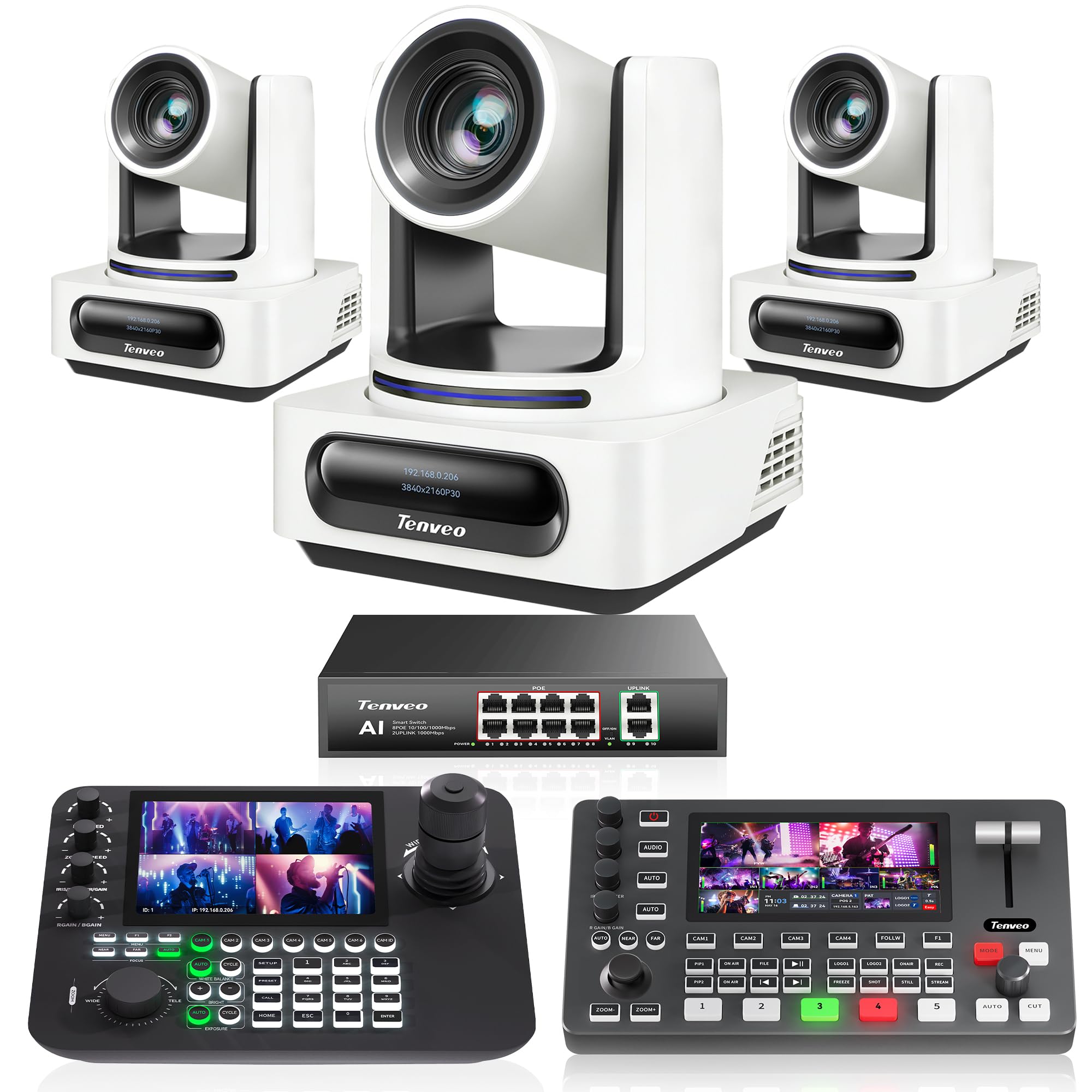 Tenveo Bundle/Kit Telecamera PTZ e Controller 3 Telecamere NDI PTZ 4K con Auto-Tracking AI 20X Zoom, SDI/HDMI/USB3.0/LAN(PoE), Controller Schermo Quadruplo da 7”, Switcher Mixer Video e Switch PoE