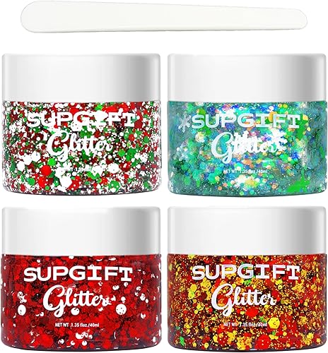 SUPGIFT - Gel con purpurina para el cuerpo navideño, 4 colores, 8.5 onzas, holográfico, grueso, sirena, iridiscente, láser, estrella, flor y hojas,