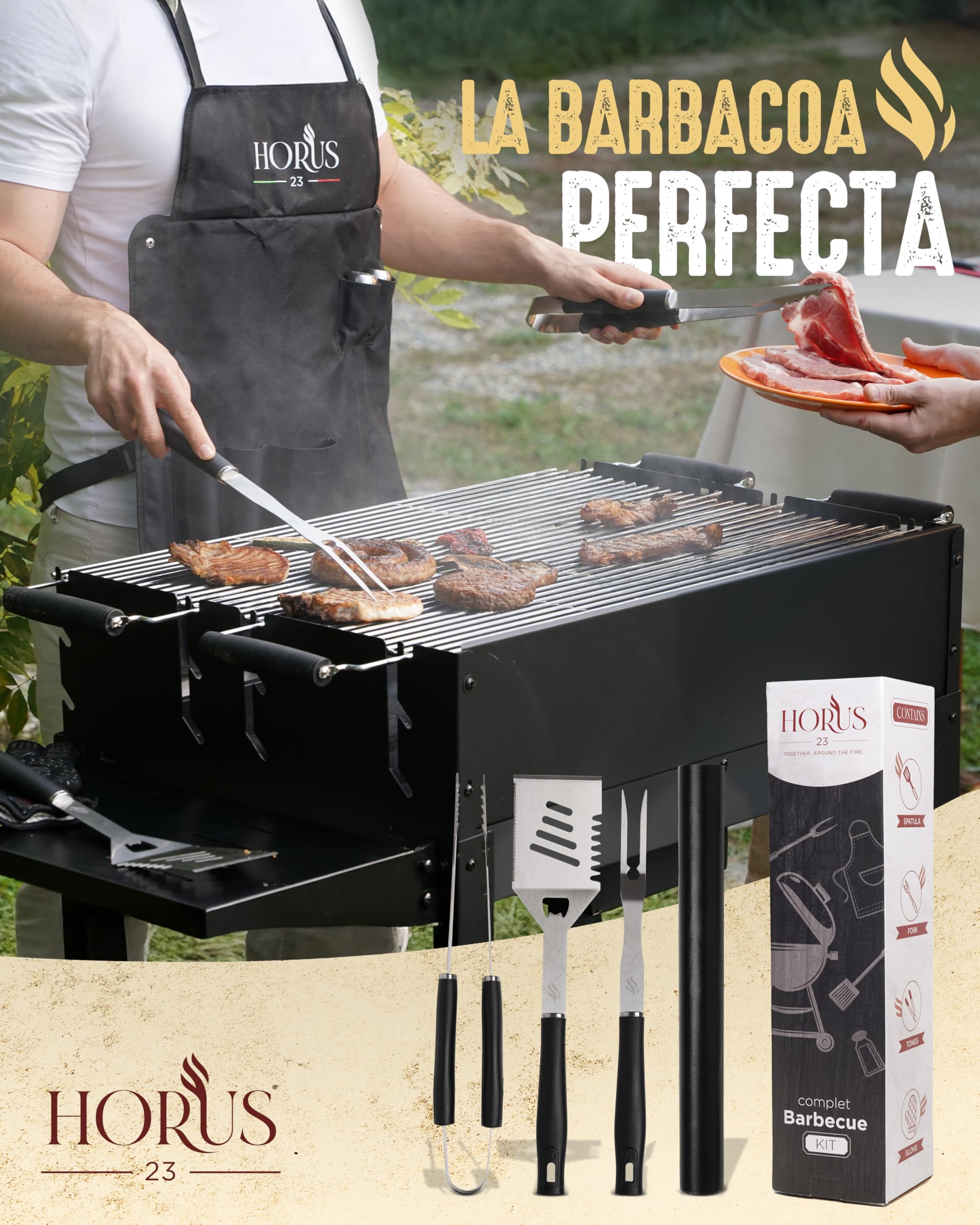 HORUS 23® - Kit Barbacoa con BBQ Accessories en Acero Inoxidable, Delantal Oxford con Bolsillos, Guante Ignífugo y Tapete para Parrilla