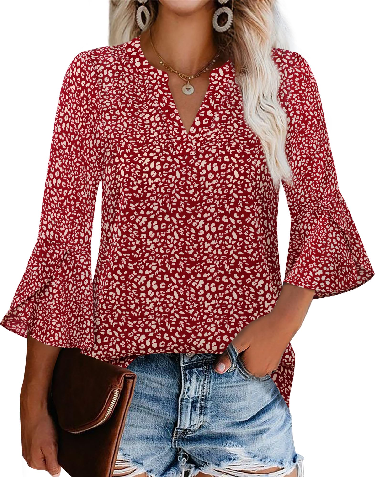 GaharuWomen's Work Blouses Ruffle 3/4 Sleeve Dressy Top V Neck Casual Chiffon Tunic Blouses Business Shirts