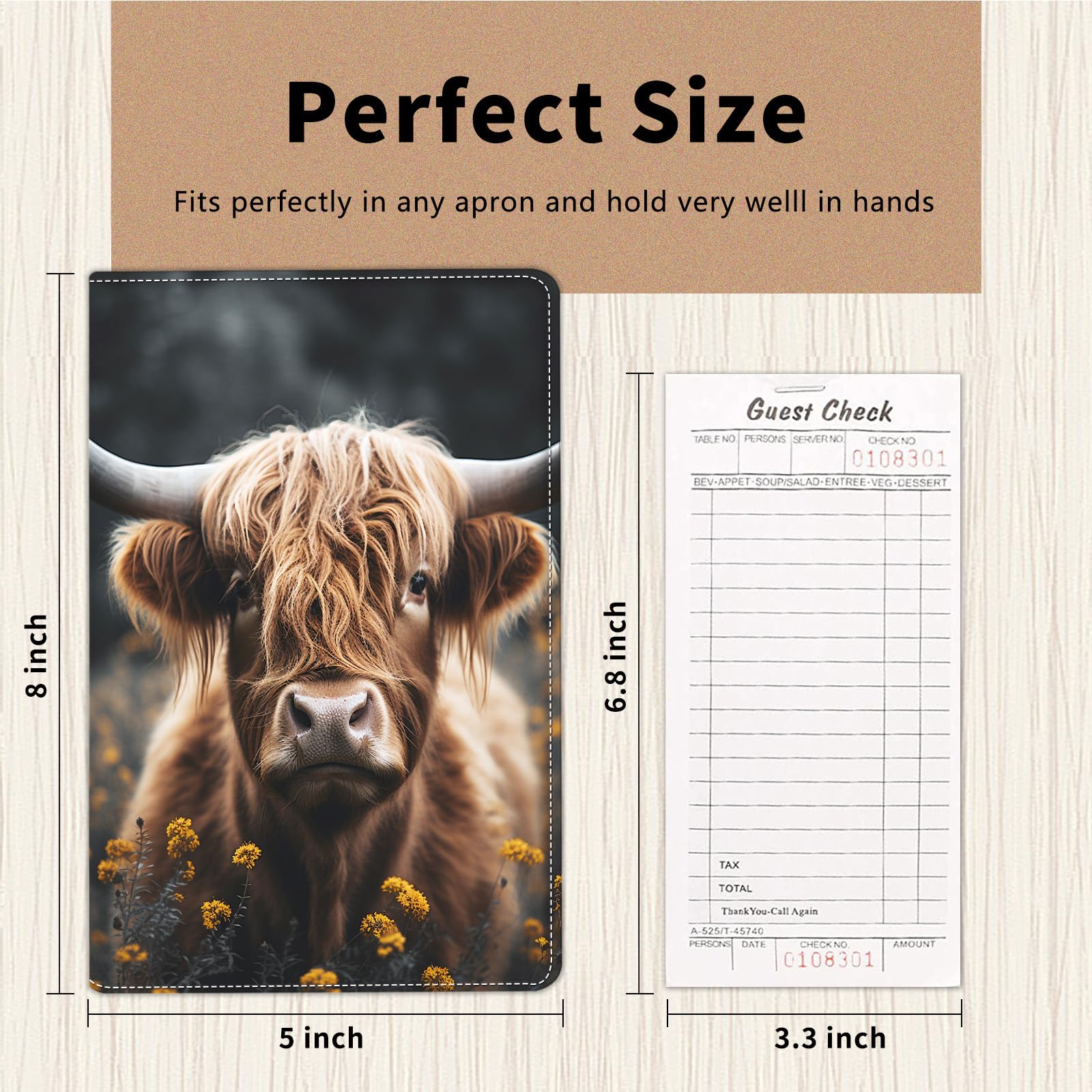 Server Book for Waitress,Server Books for Waitress with Zipper Pocket,Cute Server Book, Waitstaff Organizer Waitress Book with Money Pocket and Zipper Fit Server Apron,Highland Cow Cattle