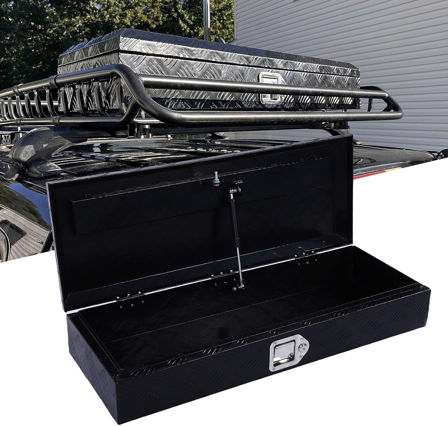 Luqeeg 34.2 Inch Vtruck Bed Organize, Aluminum Truck Bed Tool Box, Heavy Duty Waterproofing Dust Proof Multifunctional Trailer Storage Tool Box with Keys for Rvs Atvs