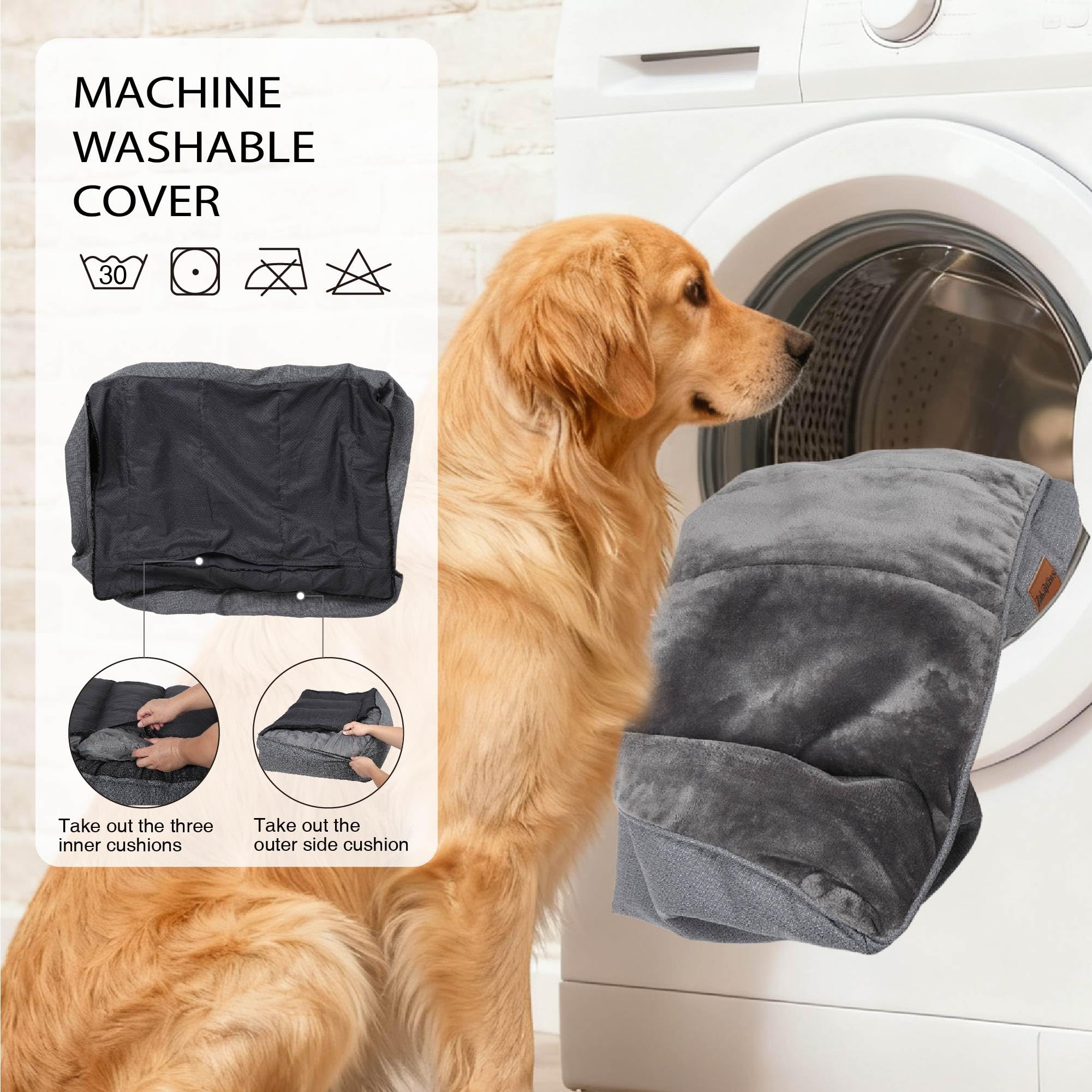 Orthopedic Dog Bed for Large Dogs - Extra Thick Supportive Dog Couch Bed, Pet Beds Sofa with Waterproof Washable Cover & Non-Slip Bottom, Grey, 38x28 Inch - image 3