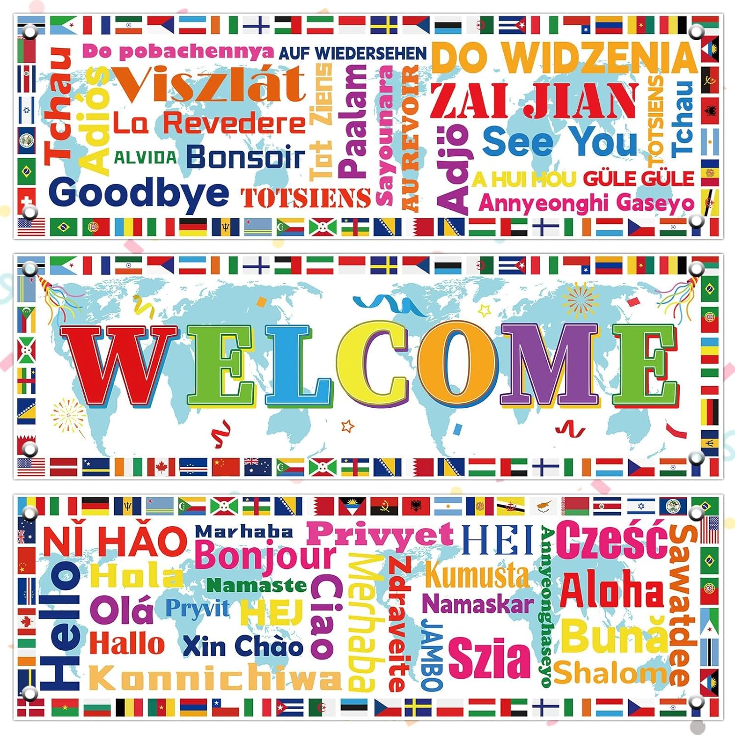 party greeting 3Pcs International World Flags Decorations International Welcome Banners Country Flags Porch Sign Banner Around The World Party Decors for Sports Events Club Classroom Wall Decors