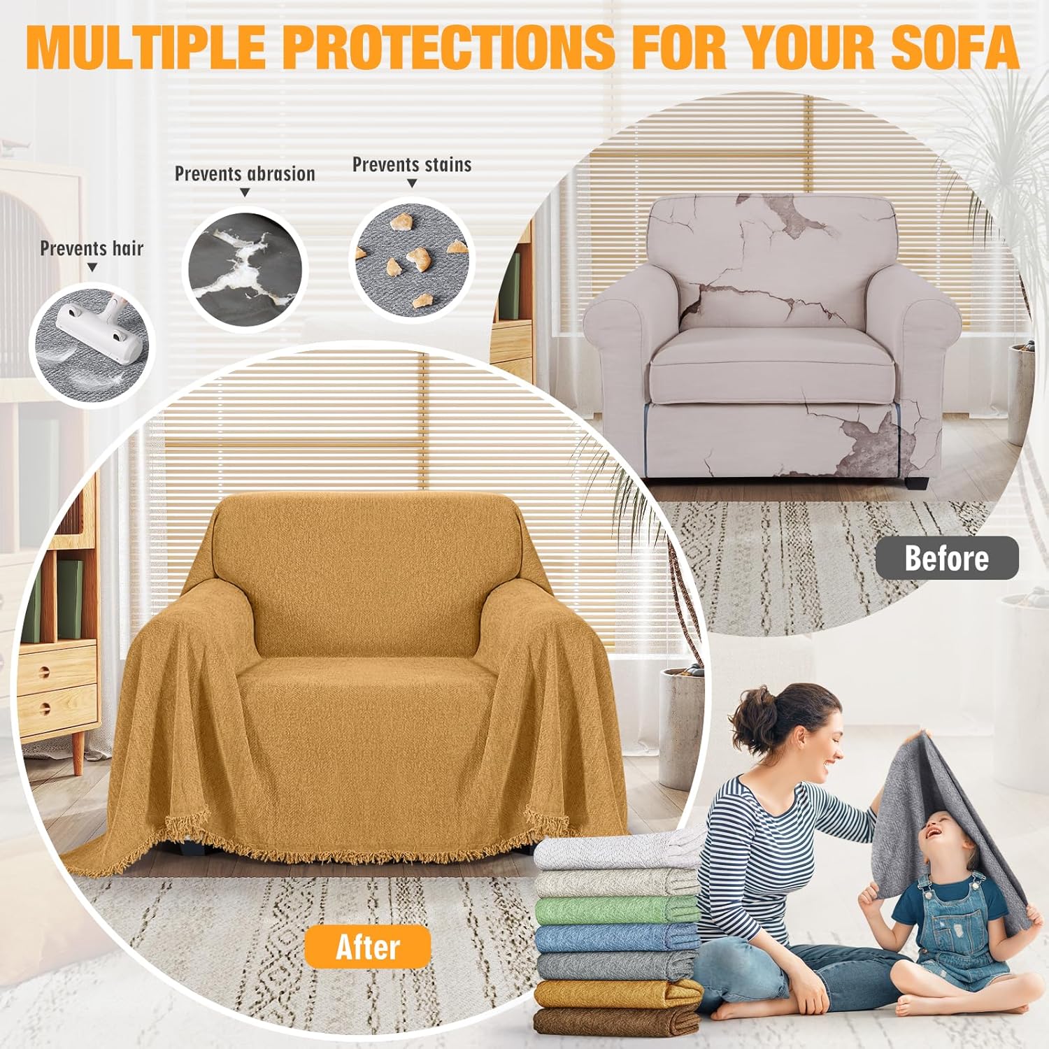 KinCam Couch Covers Washable Oversized Chair Cover Armchair Cover for Dogs Tassel Recliner Chair Sofa Cover Blanket Pet Friendly Soft and Durable for Most Furniture (71" x 71", Mustard Yellow)