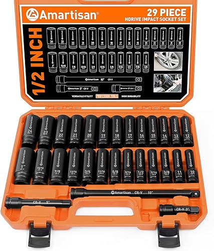 Amartisan Juego de 29 llaves de vaso de impacto de 12 pulgada, 6 puntos, métricas estándar (0.394-0.945 in) y SAE (38" a 1") Cr-V con adaptadores y