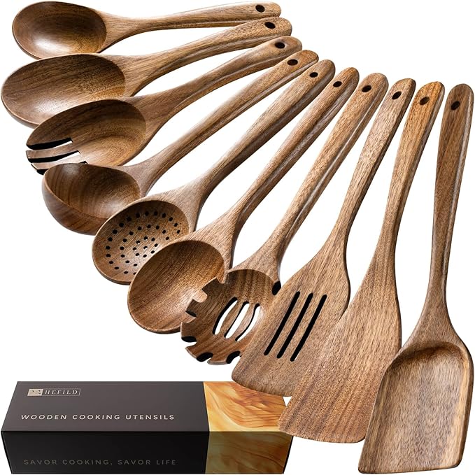 Wooden Spoons for Cooking, Nonstick Cooking Utensil Set with 10 Piece Acacia Wooden Spatulas and Spoons for Cooking, Terrific for Everyday Kitchen Tasks