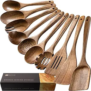 Wooden Spoons for Cooking, Nonstick Cooking Utensil Set with 10 Piece Acacia Wooden Spatulas and Spoons for Cooking, Terrific for Everyday Kitchen Tasks