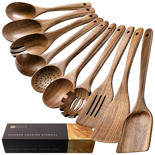 Wooden Spoons for Cooking, Nonstick Cooking Utensil Set with 10 Piece Acacia Wooden Spatulas and Spoons for Cooking, Terrific for Everyday Kitchen Tasks