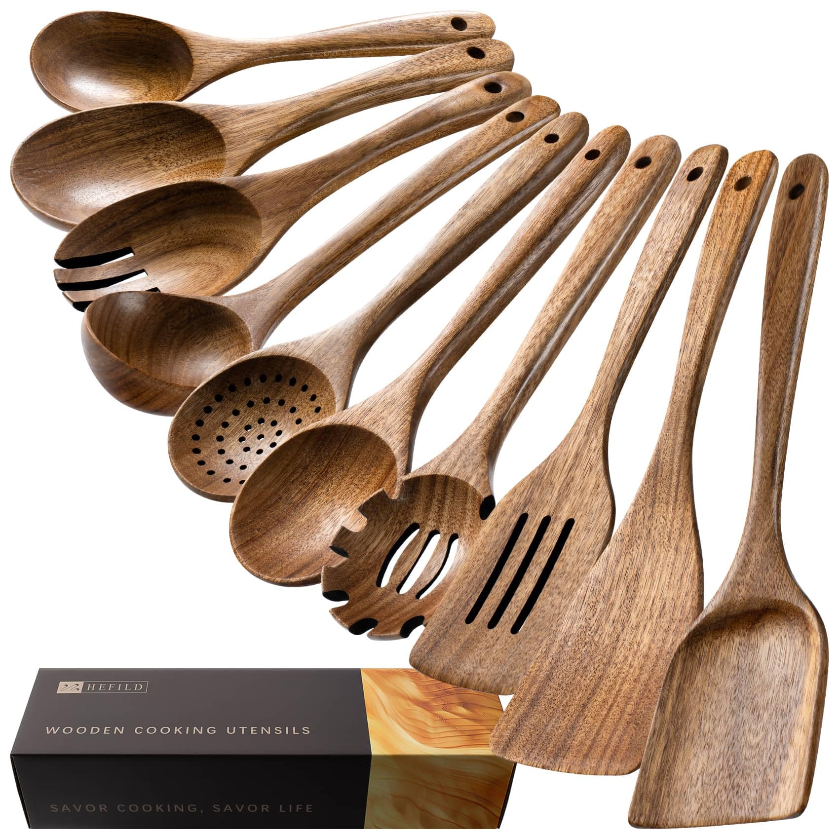 Wooden Spoons for Cooking, Nonstick Cooking Utensil Set with 10 Piece Acacia Wooden Spatulas and Spoons for Cooking, Terrific for Everyday Kitchen Tasks