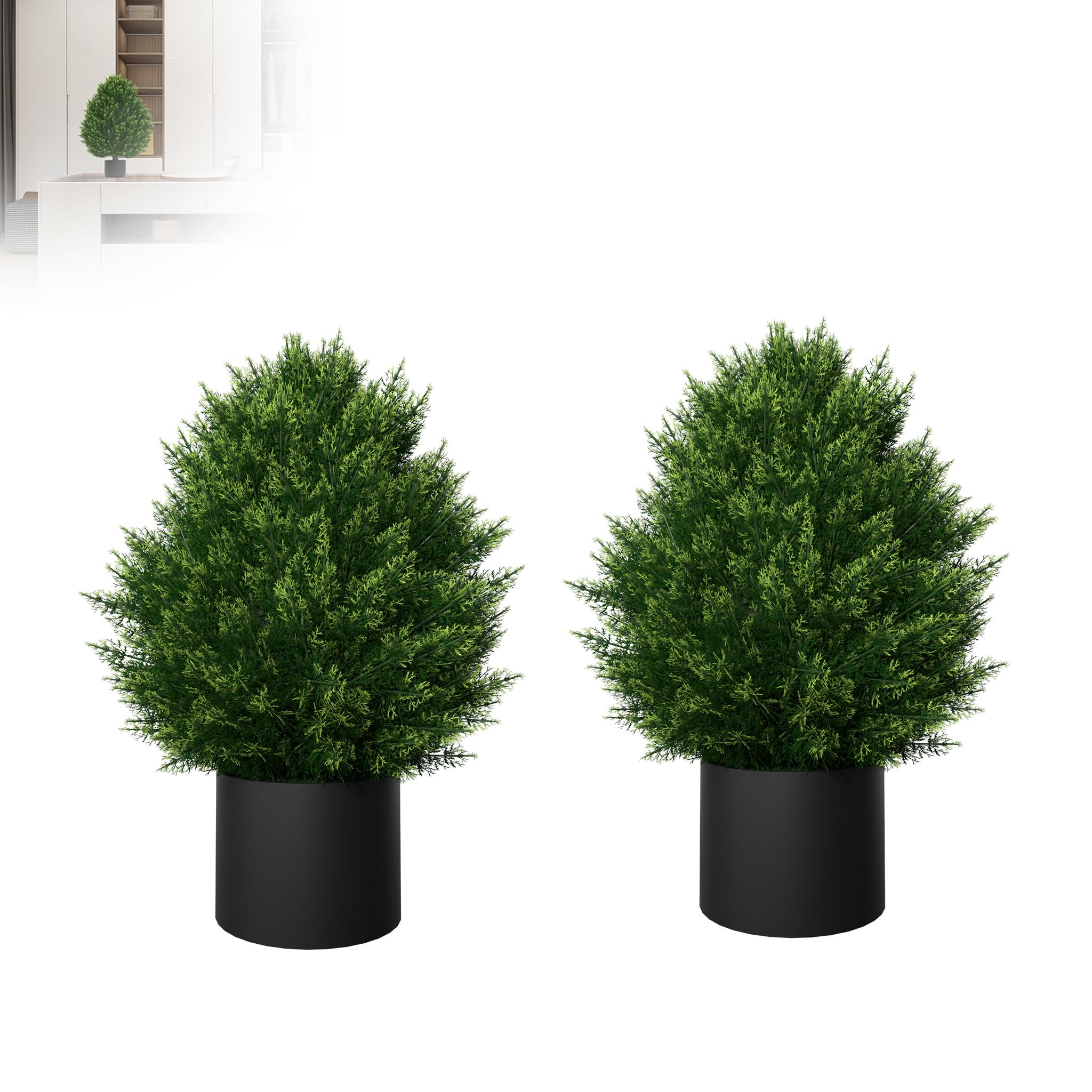 XMTECH Lot de 2 mini cyprès artificiels en pot - 60 cm de haut - Résistant aux UV - Vert persistant et facile d'entretien - Plantes décoratives et artificielles pour jardin, balcon, salon, bureau