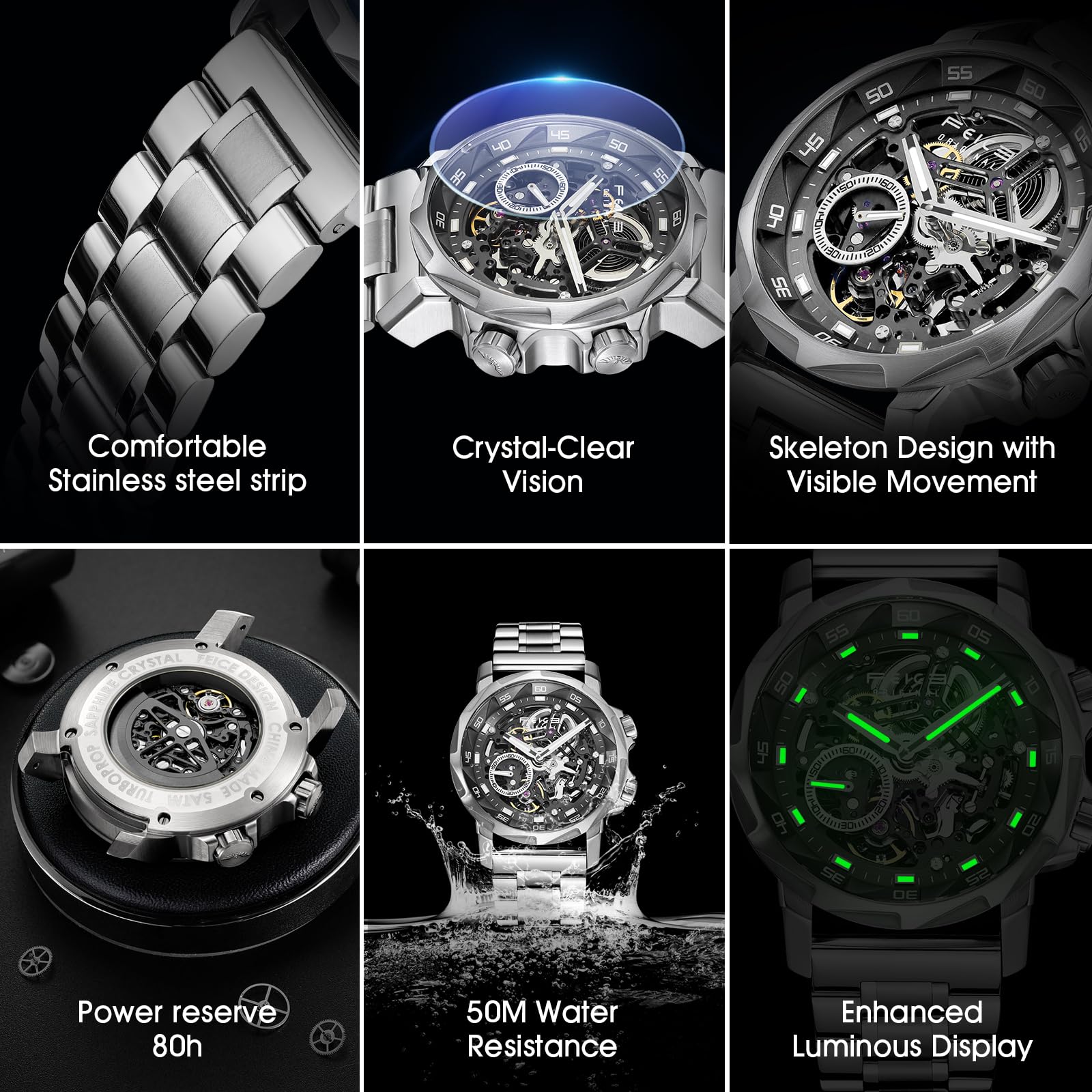 FEICE FM511 YHG Orologio da uomo automatico scheletro, lussuoso vetro zaffiro vetro quadrante blu lancette luminose, orologio da polso sportivo impermeabile 5ATM con cinturino in acciaio inossidabile