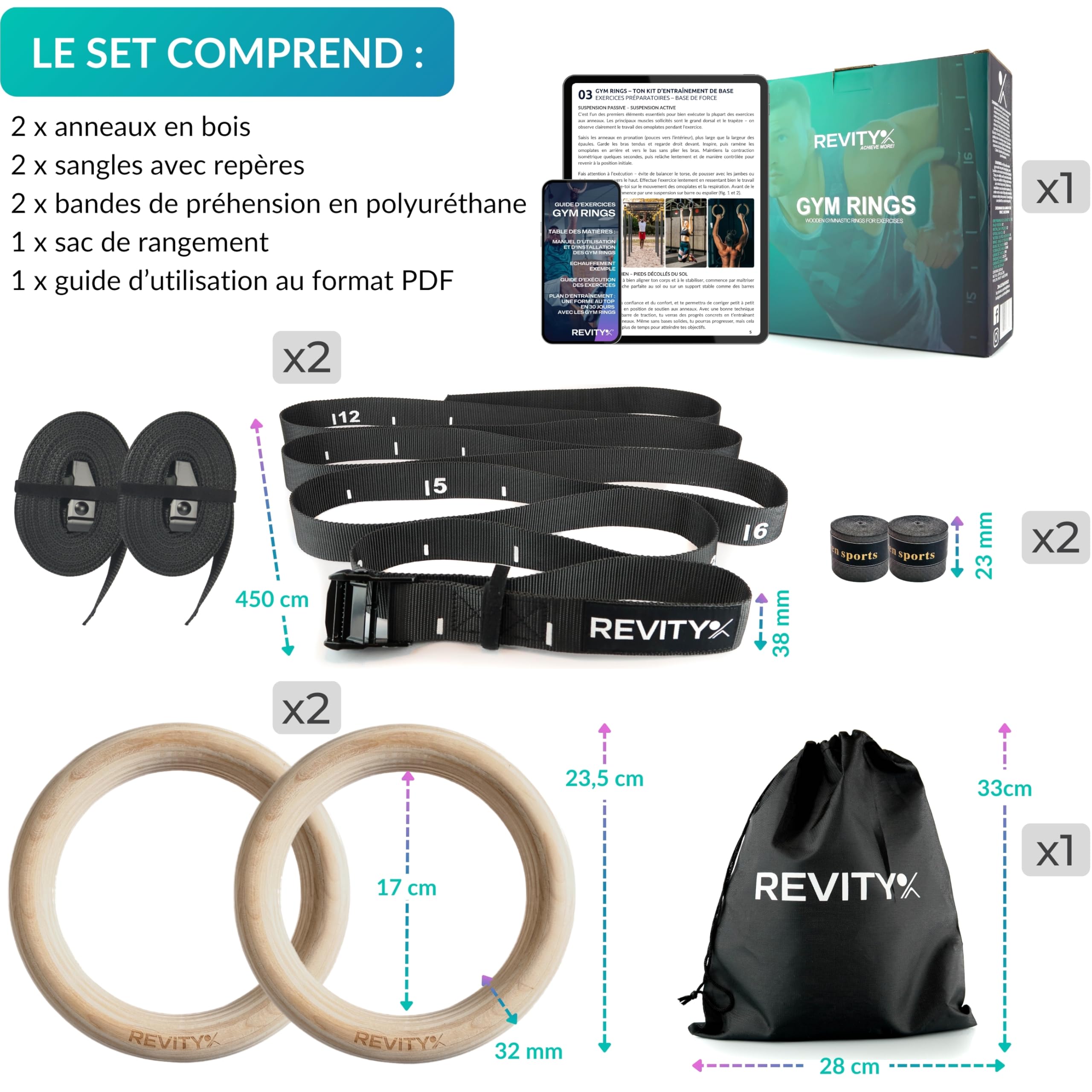 Anneaux Gymnastique en Bois - Anneaux Olympiques 32 mm pour Musculation, Crossfit et Calisthenics, 450 cm Facilement Réglables Sangles de Suspension avec Marquages, Bandes de Grip, Guide PDF